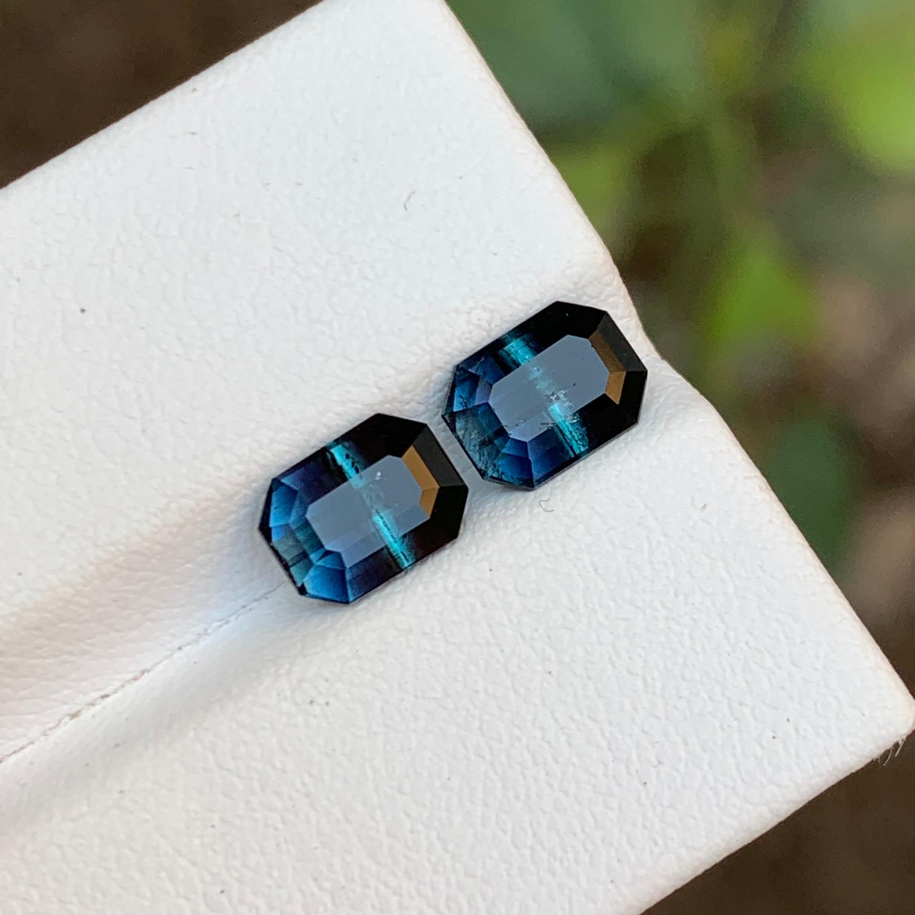 Rare Black-Blue Bicolor Tourmaline Gemstone Pairs, 2.75 Ct Emerald Cut-Earrings For Sale 2