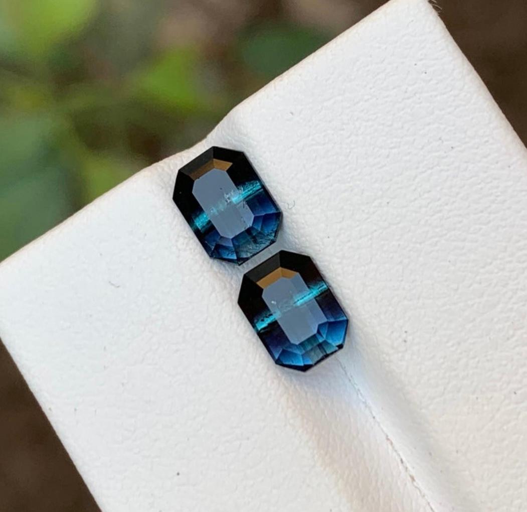Rare Black-Blue Bicolor Tourmaline Gemstone Pairs, 2.75 Ct Emerald Cut-Earrings For Sale 3