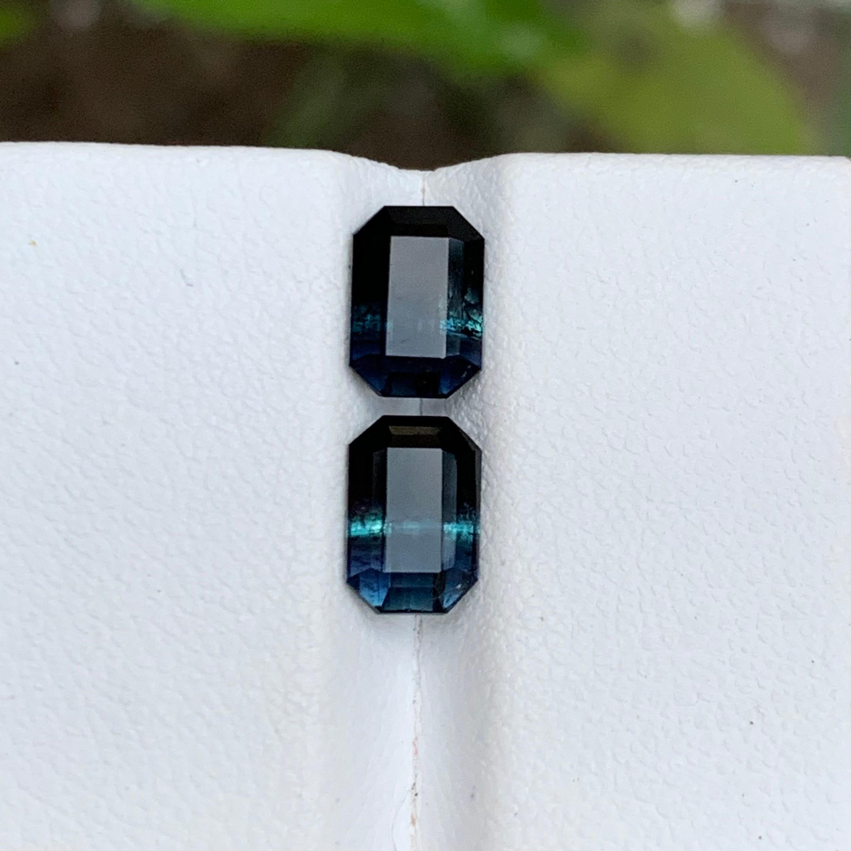 Rare Black-Blue Bicolor Tourmaline Gemstone Pairs, 2.75 Ct Emerald Cut-Earrings For Sale 3