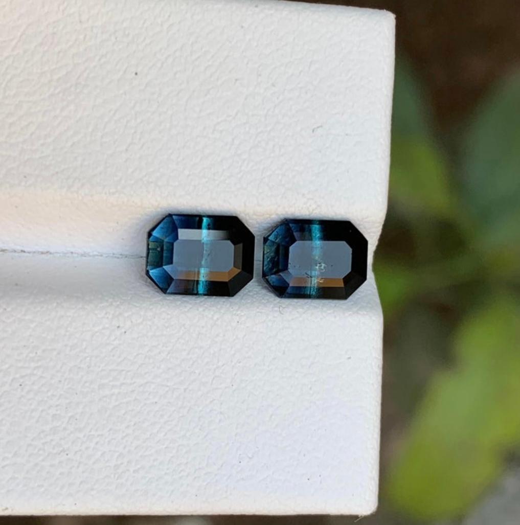 Rare Black-Blue Bicolor Tourmaline Gemstone Pairs, 2.75 Ct Emerald Cut-Earrings For Sale 4