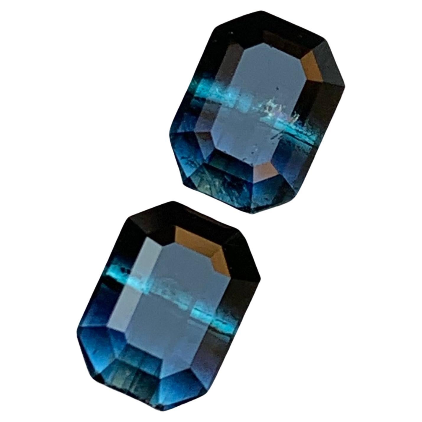 Rare Black-Blue Bicolor Tourmaline Gemstone Pairs, 2.75 Ct Emerald Cut-Earrings