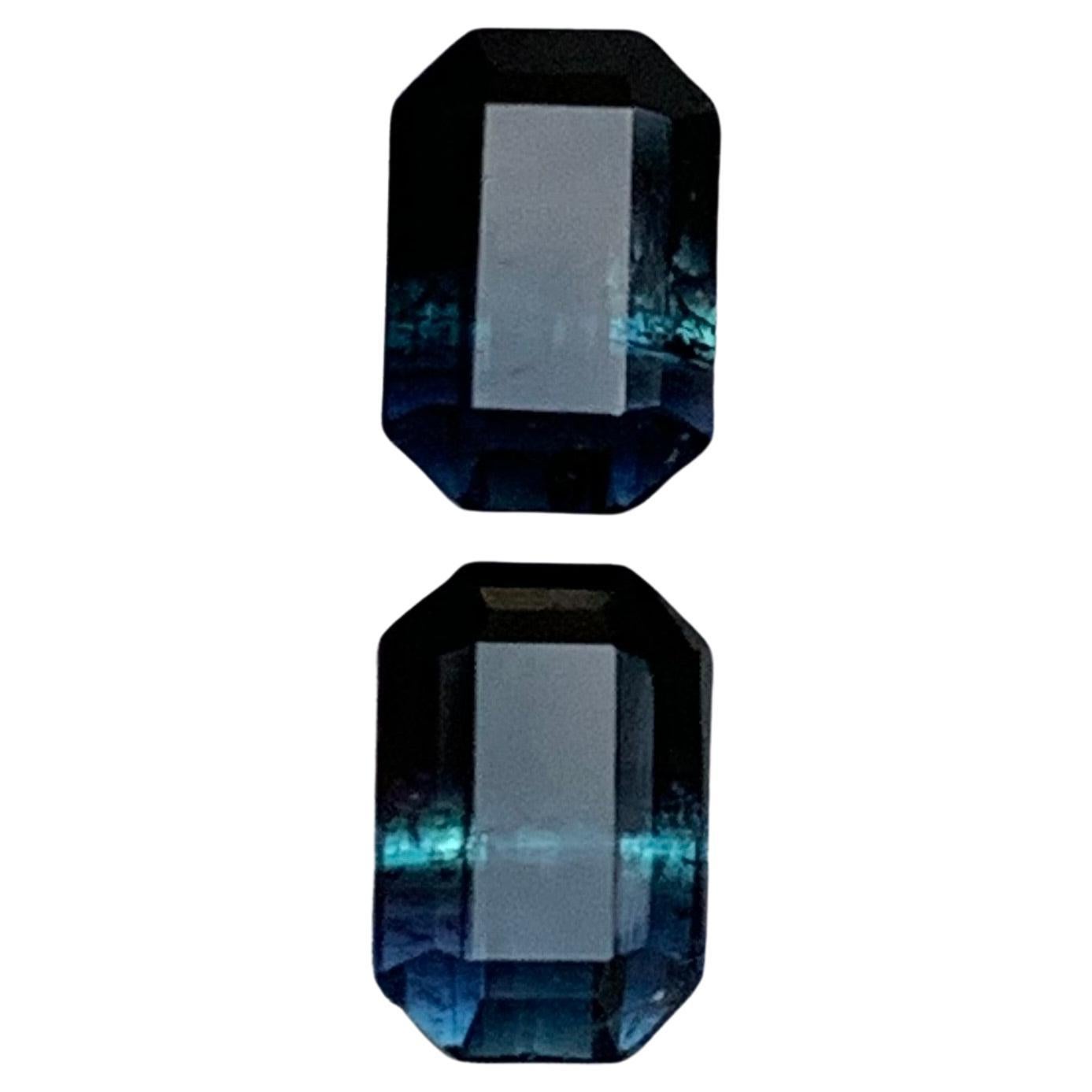Rare Black-Blue Bicolor Tourmaline Gemstone Pairs, 2.75 Ct Emerald Cut-Earrings For Sale