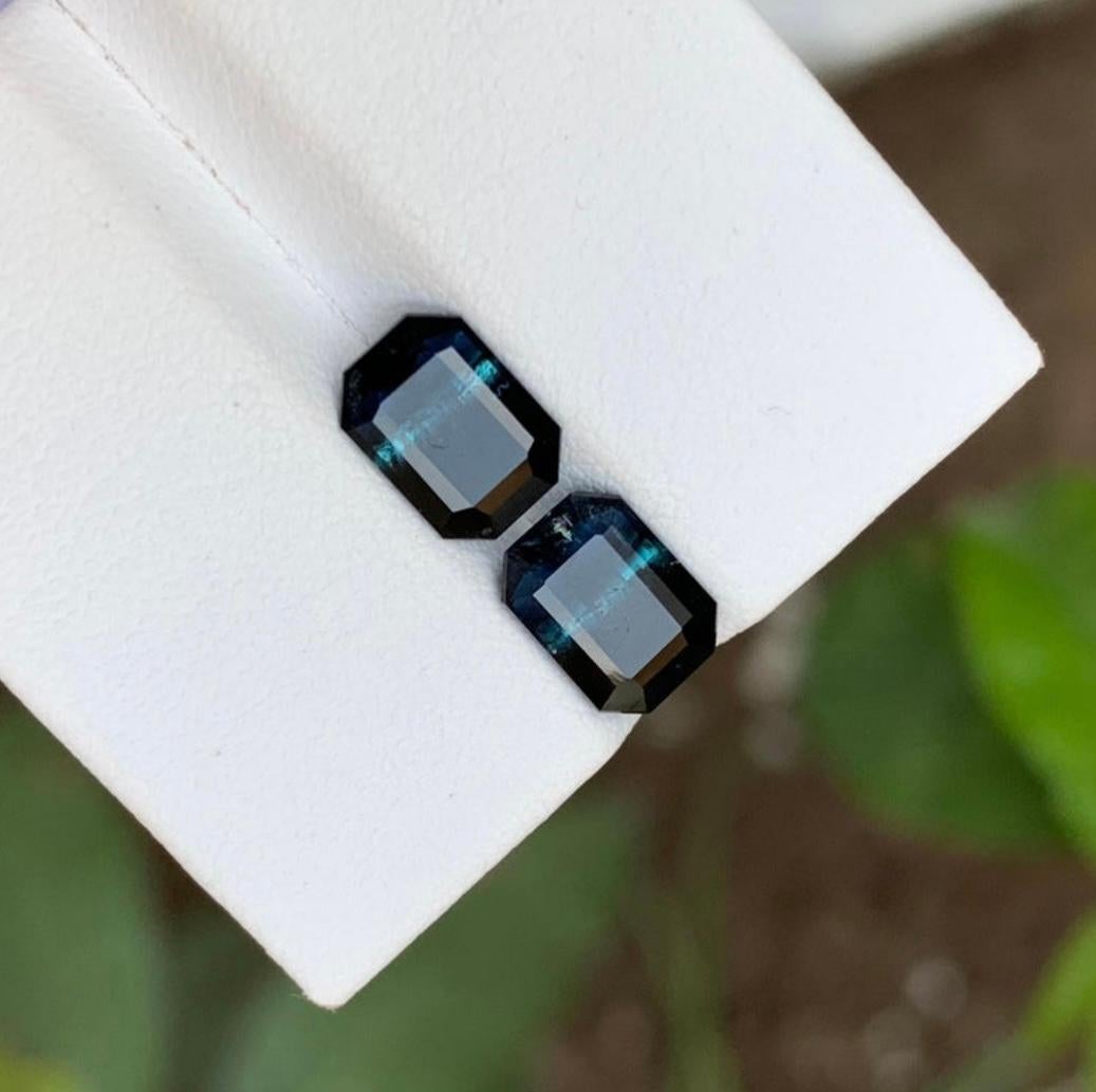 Rare Black-Blue Bicolor Tourmaline Gemstone Pairs, 2.95 Ct Emerald Cut-Earrings For Sale 3