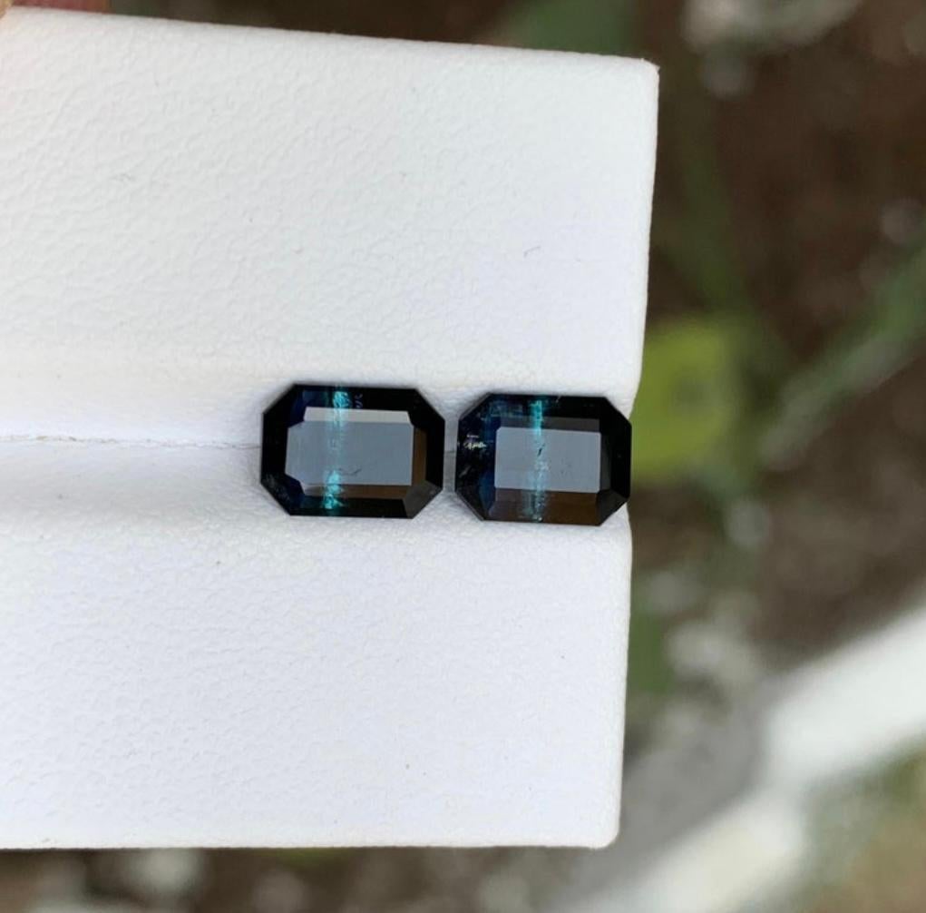 Rare Black-Blue Bicolor Tourmaline Gemstone Pairs, 2.95 Ct Emerald Cut-Earrings For Sale 4