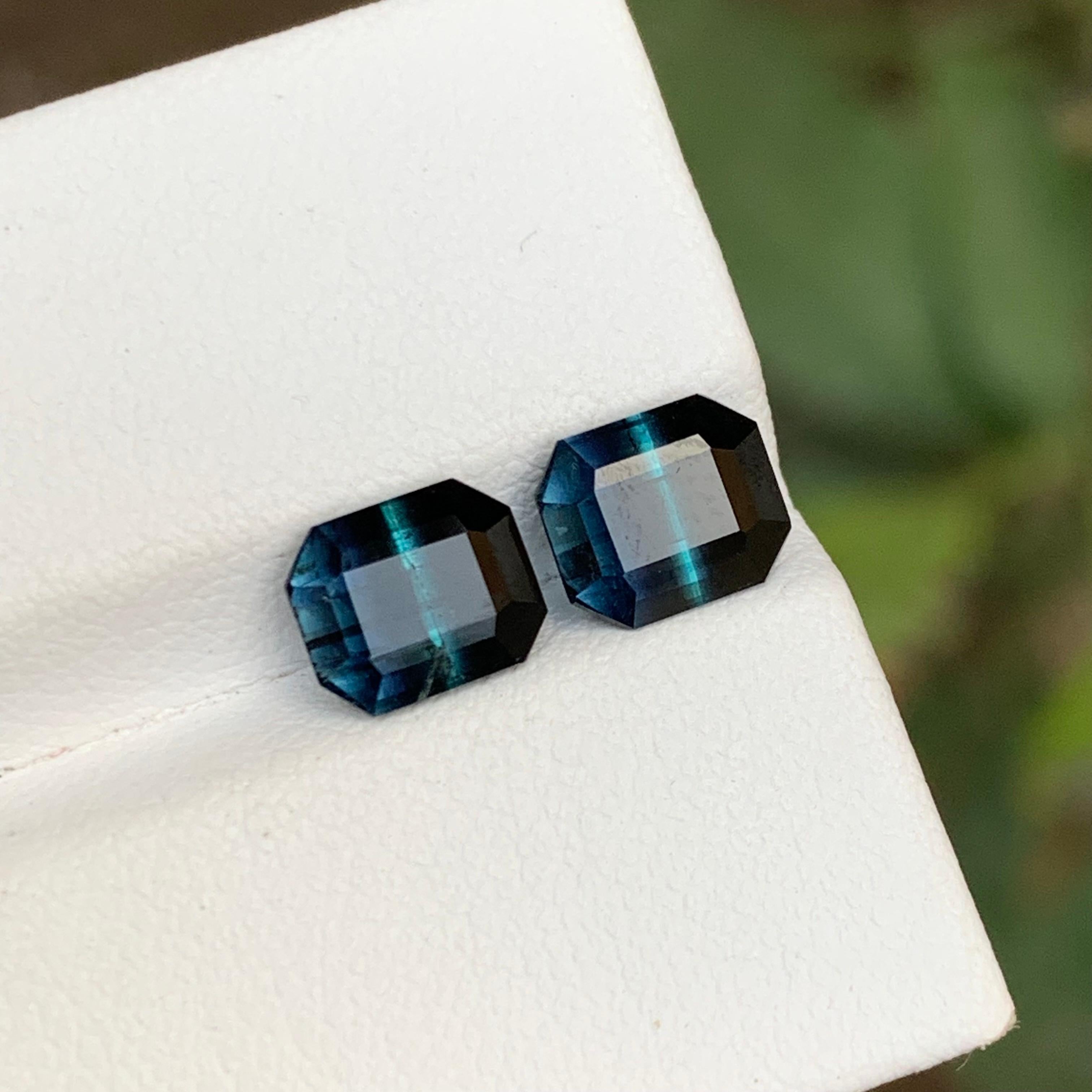 Contemporary Rare Black-Blue Bicolor Tourmaline Gemstone Pairs, 3.25 Ct Emerald Cut-Earrings For Sale