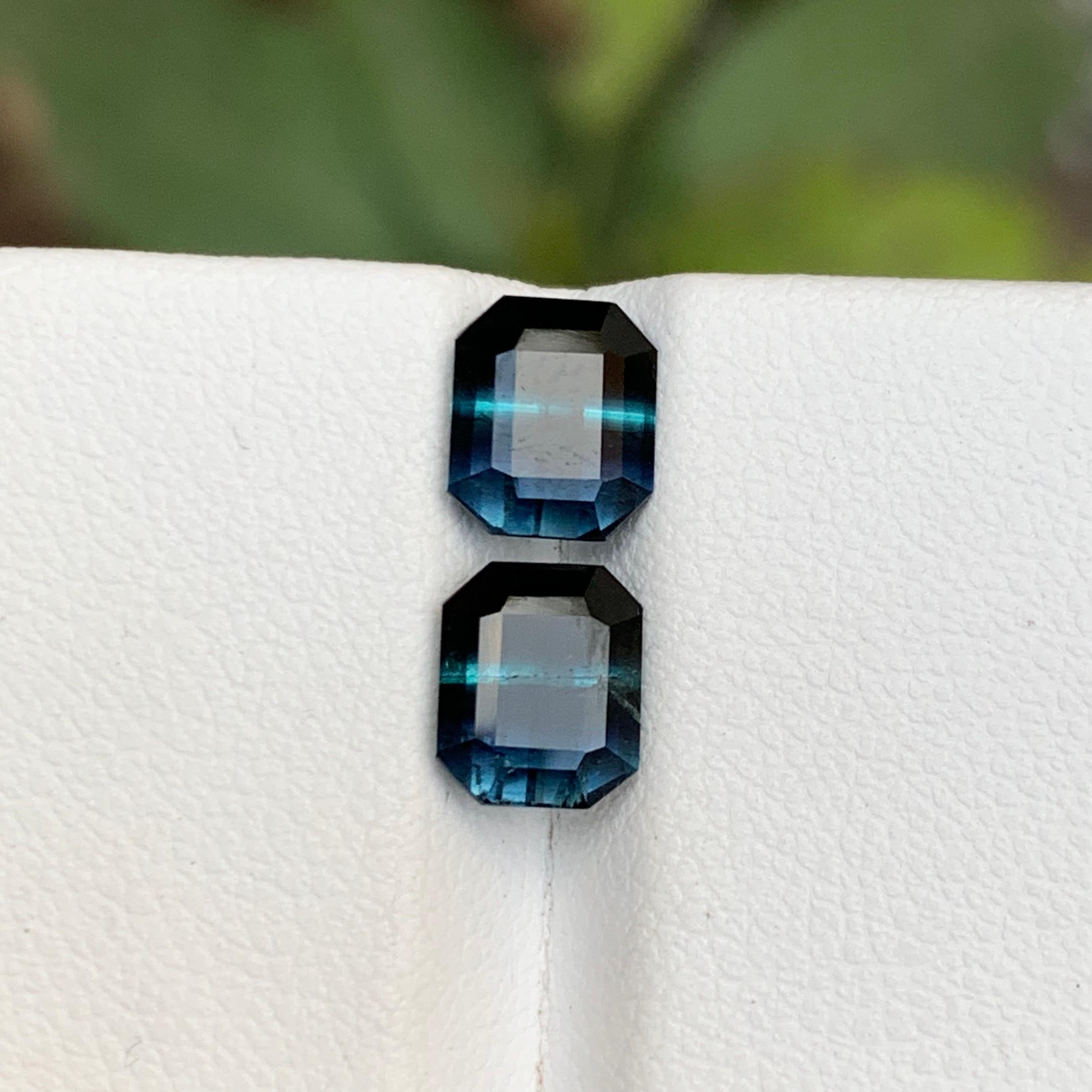 Rare Black-Blue Bicolor Tourmaline Gemstone Pairs, 3.25 Ct Emerald Cut-Earrings For Sale 1