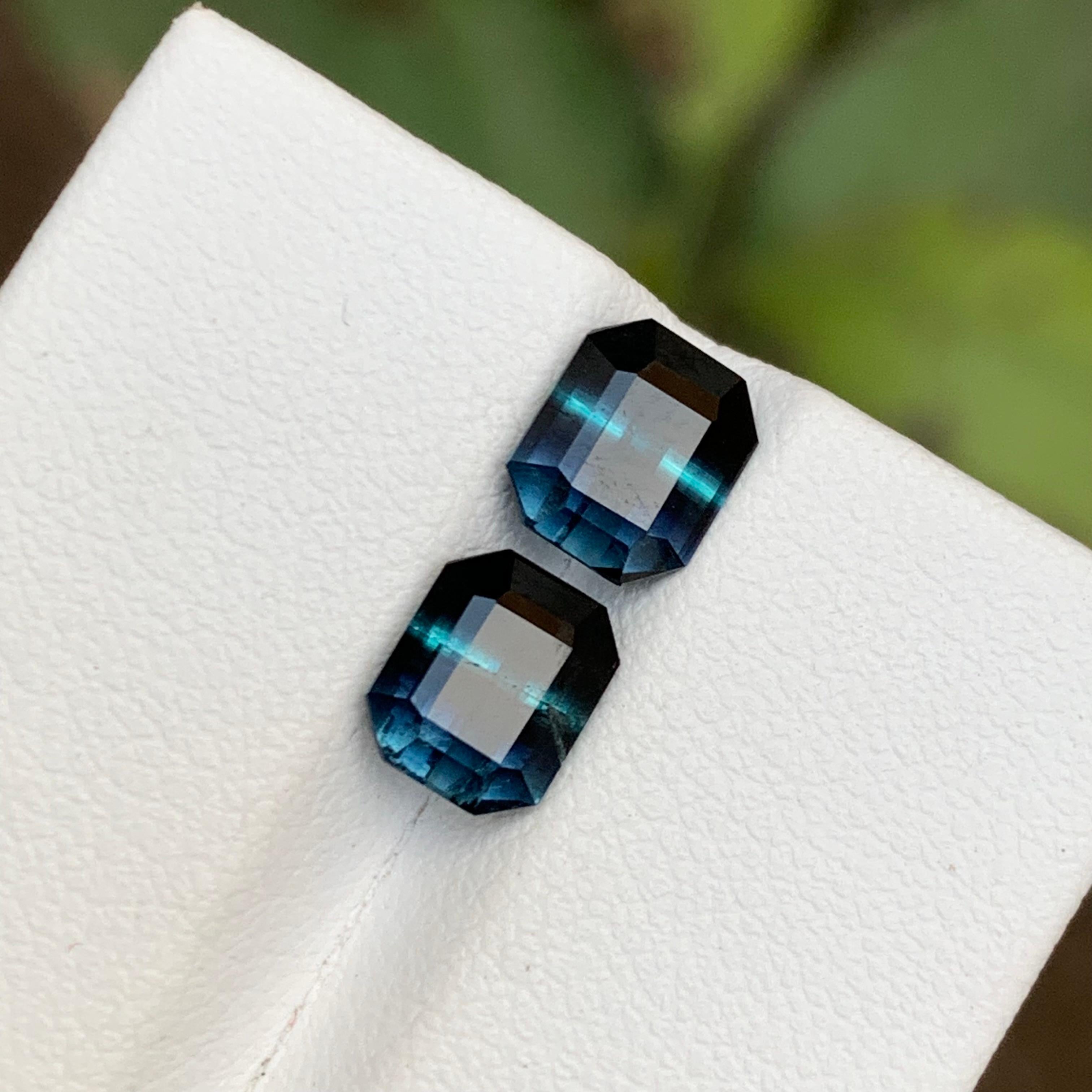 Rare Black-Blue Bicolor Tourmaline Gemstone Pairs, 3.25 Ct Emerald Cut-Earrings For Sale 2