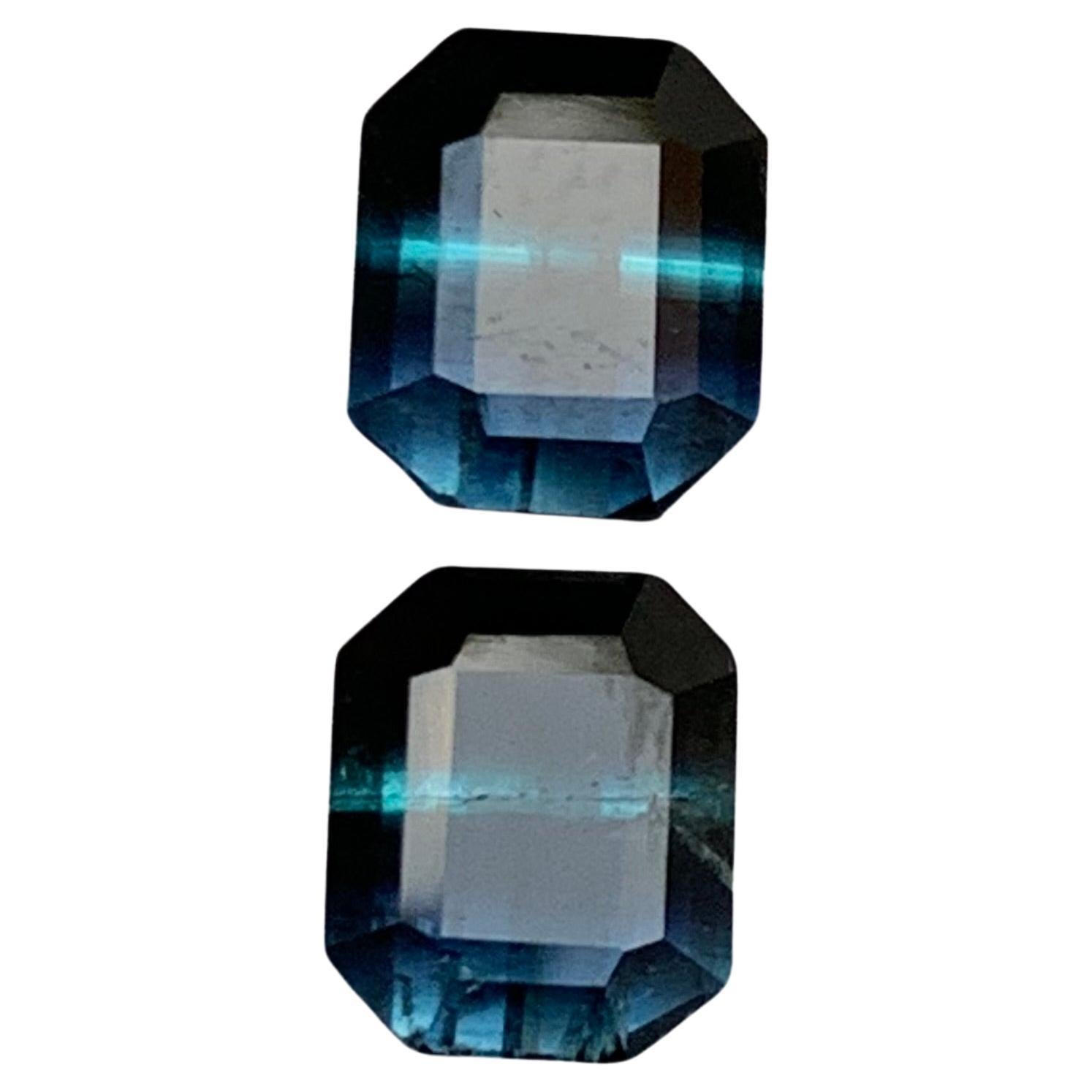 Rare Black-Blue Bicolor Tourmaline Gemstone Pairs, 3.25 Ct Emerald Cut-Earrings For Sale