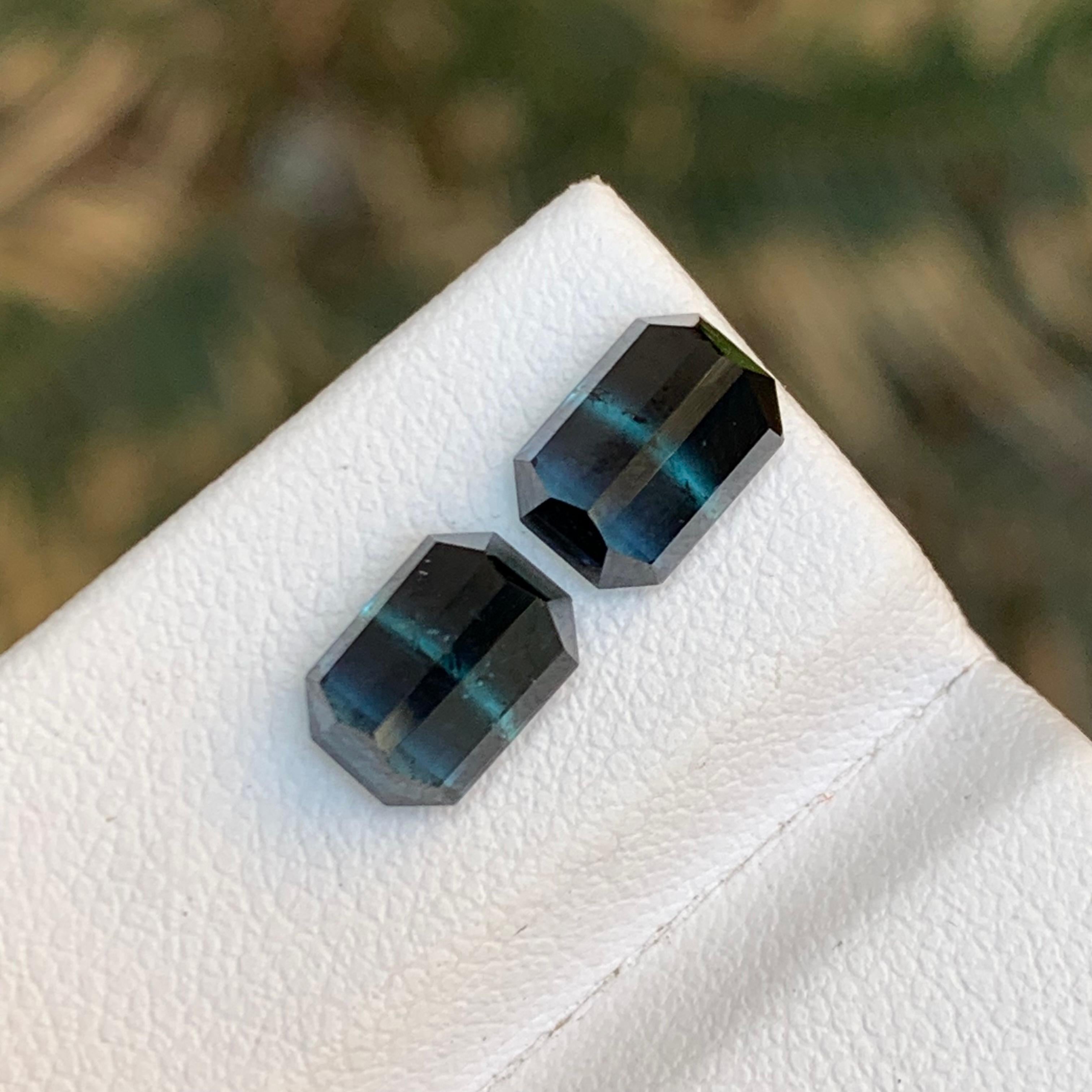 Rare Black-Blue Bicolor Tourmaline Gemstone Pairs, 3.40 Ct Emerald Cut-Earrings In New Condition For Sale In Peshawar, PK