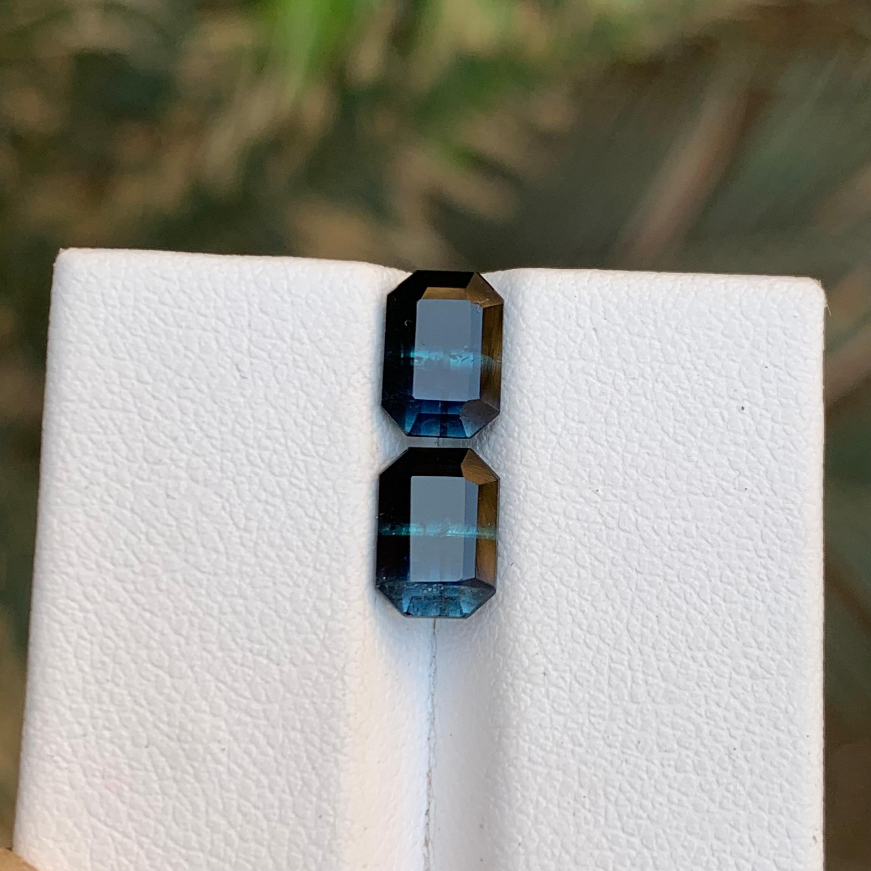 Rare Black-Blue Bicolor Tourmaline Gemstone Pairs, 3.40 Ct Emerald Cut-Earrings For Sale 1