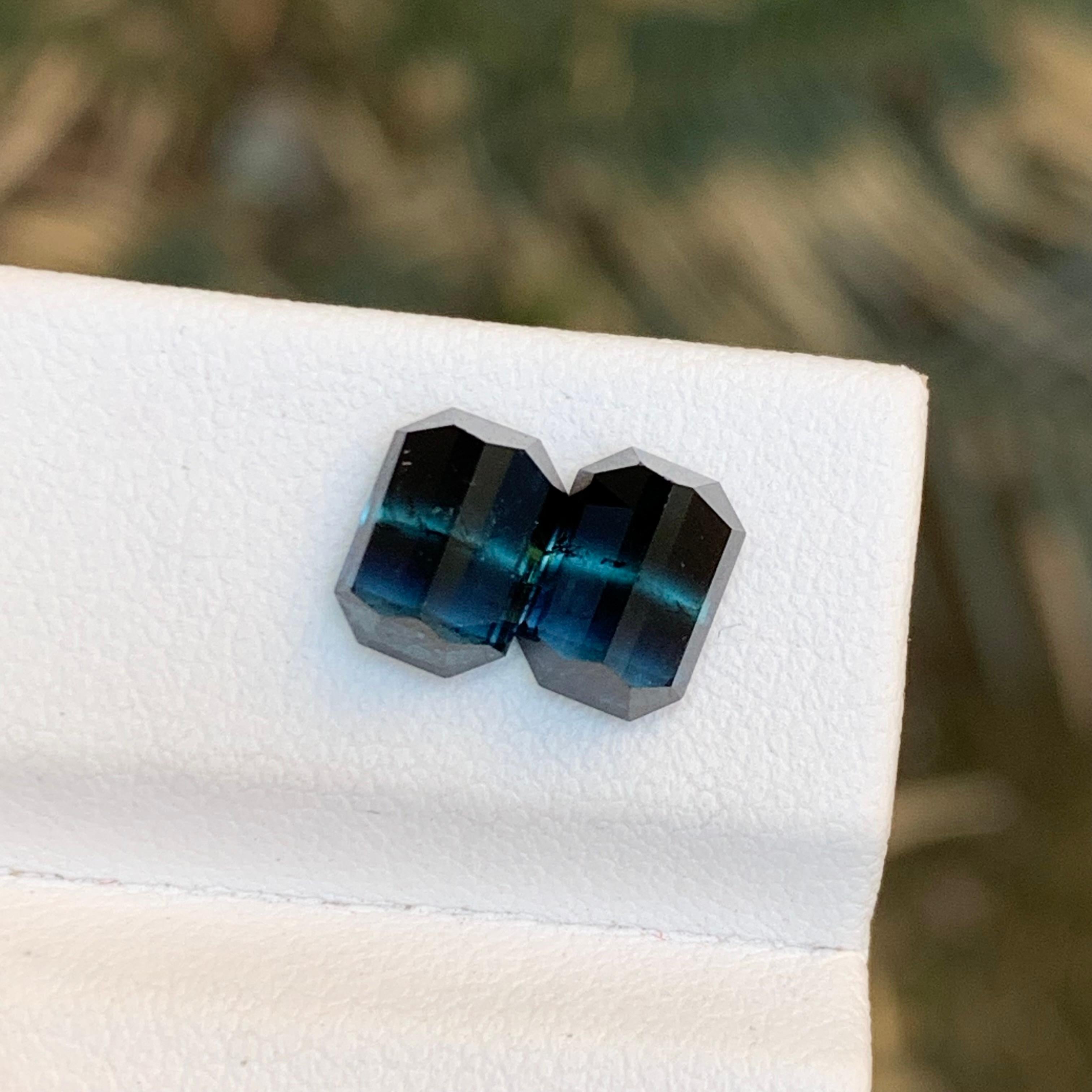 Rare Black-Blue Bicolor Tourmaline Gemstone Pairs, 3.40 Ct Emerald Cut-Earrings For Sale 3