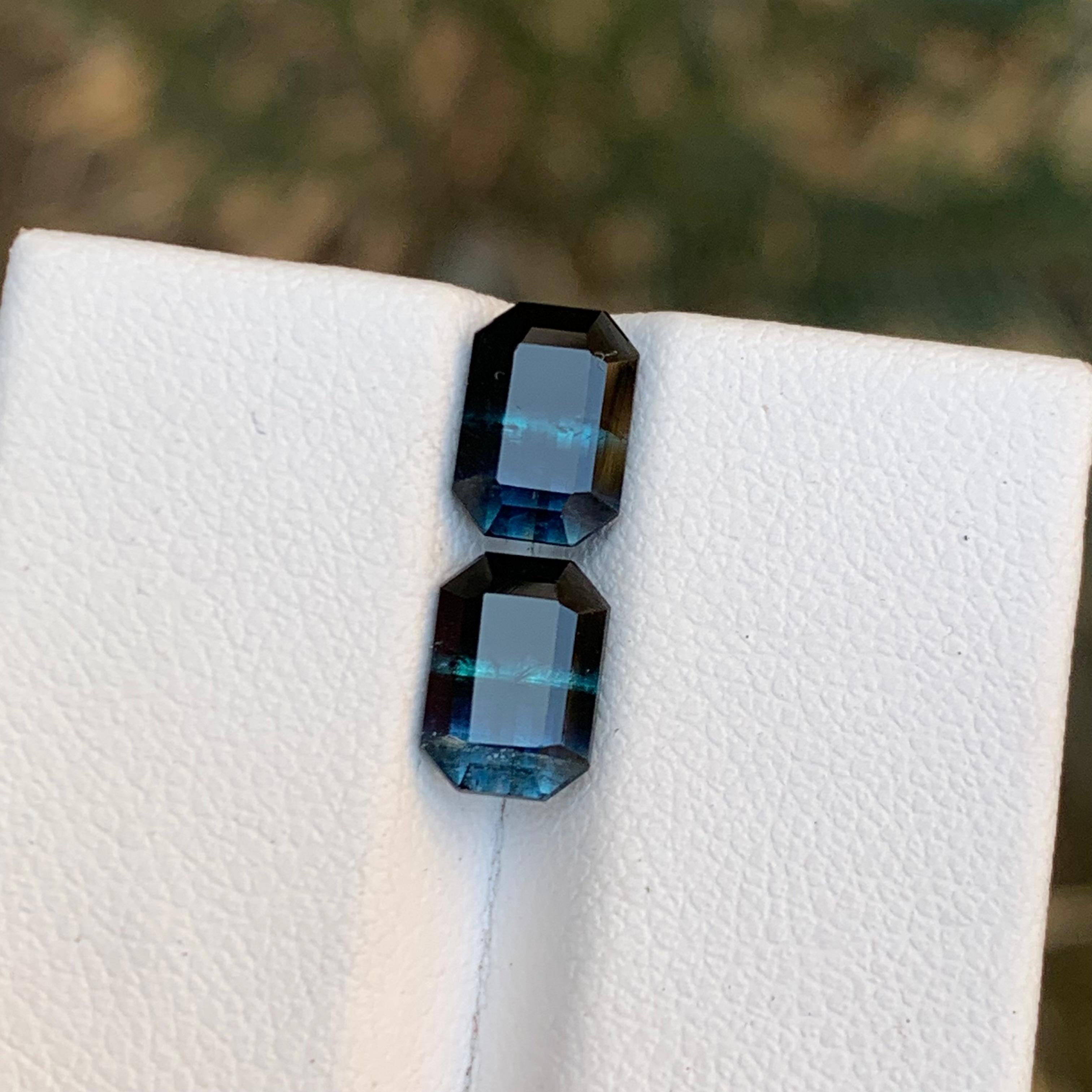 Rare Black-Blue Bicolor Tourmaline Gemstone Pairs, 3.40 Ct Emerald Cut-Earrings For Sale 4