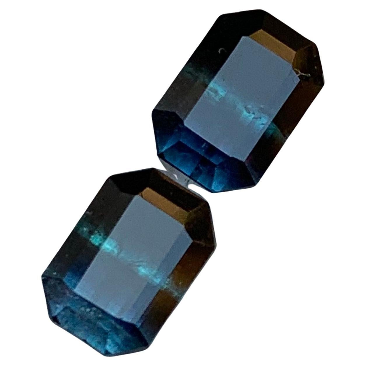 Rare Black-Blue Bicolor Tourmaline Gemstone Pairs, 3.40 Ct Emerald Cut-Earrings