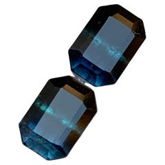Rare Black-Blue Bicolor Tourmaline Gemstone Pairs, 3.40 Ct Emerald Cut-Earrings