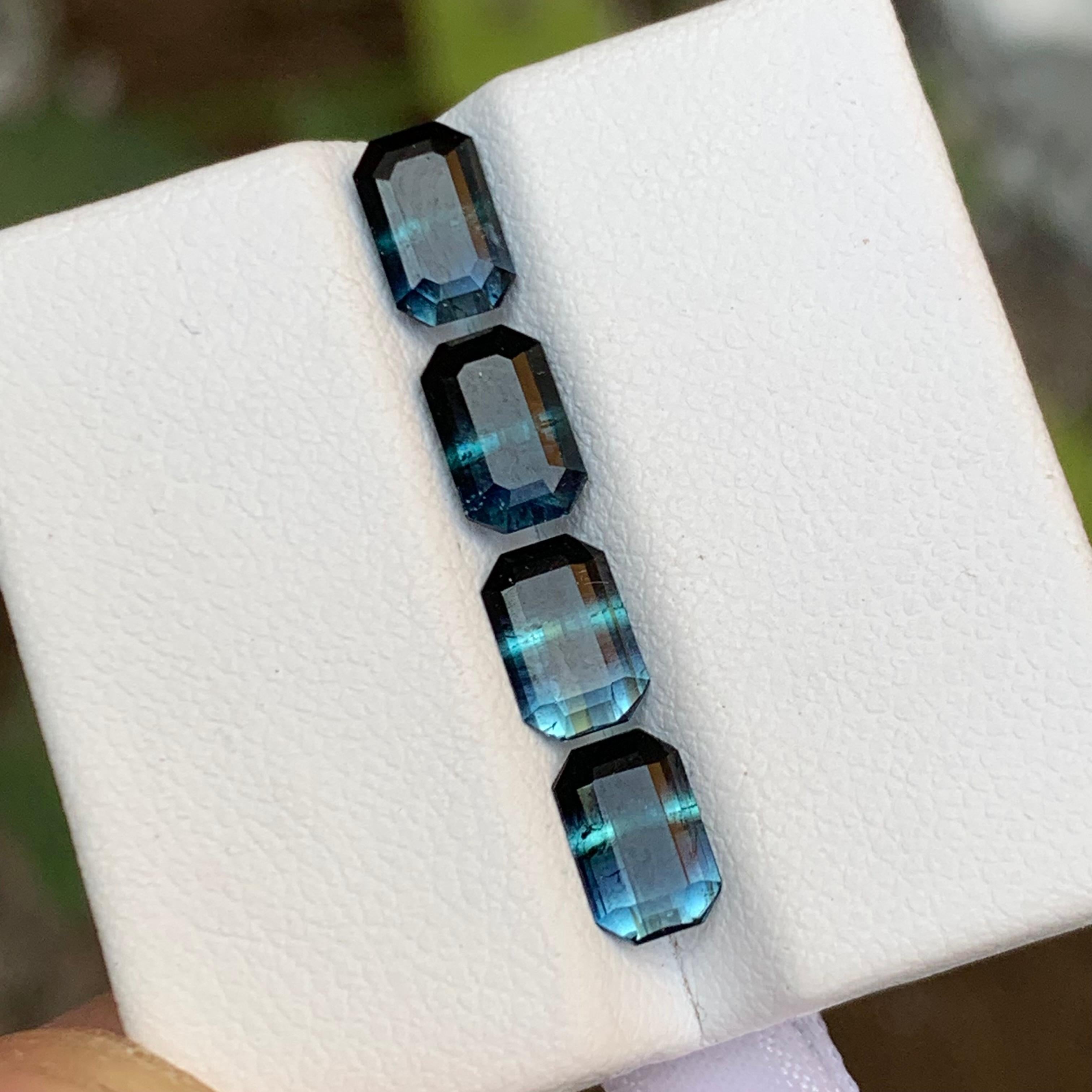 Contemporary Rare Black-Blue Bicolor Tourmaline Gemstone Pairs, 3.55 Ct Emerald Cut-Earrings For Sale