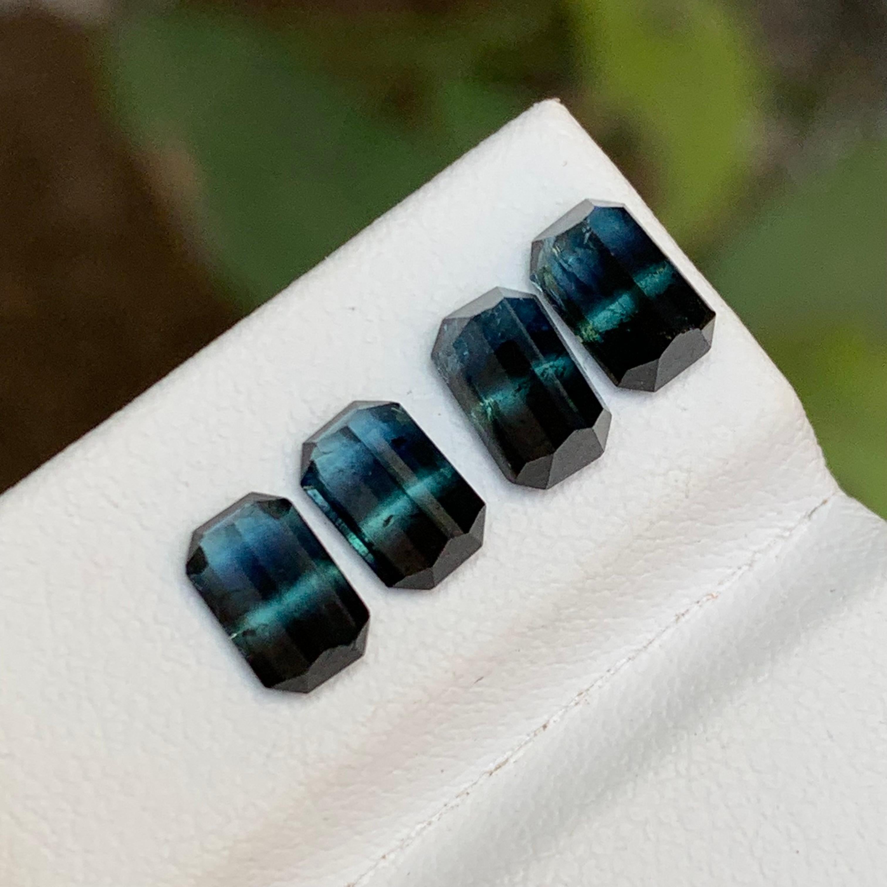 Rare Black-Blue Bicolor Tourmaline Gemstone Pairs, 3.55 Ct Emerald Cut-Earrings In New Condition For Sale In Peshawar, PK
