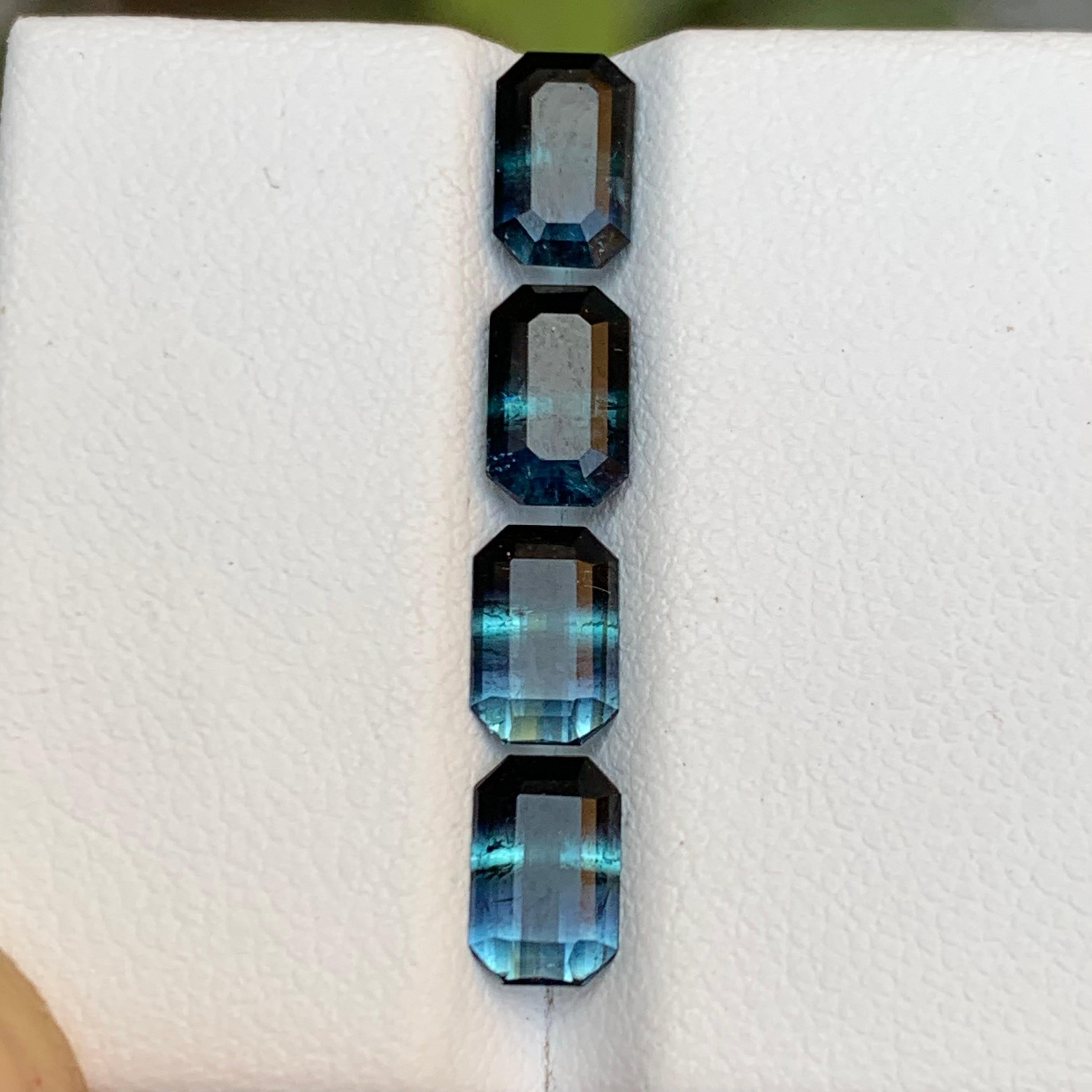 Rare Black-Blue Bicolor Tourmaline Gemstone Pairs, 3.55 Ct Emerald Cut-Earrings For Sale 2