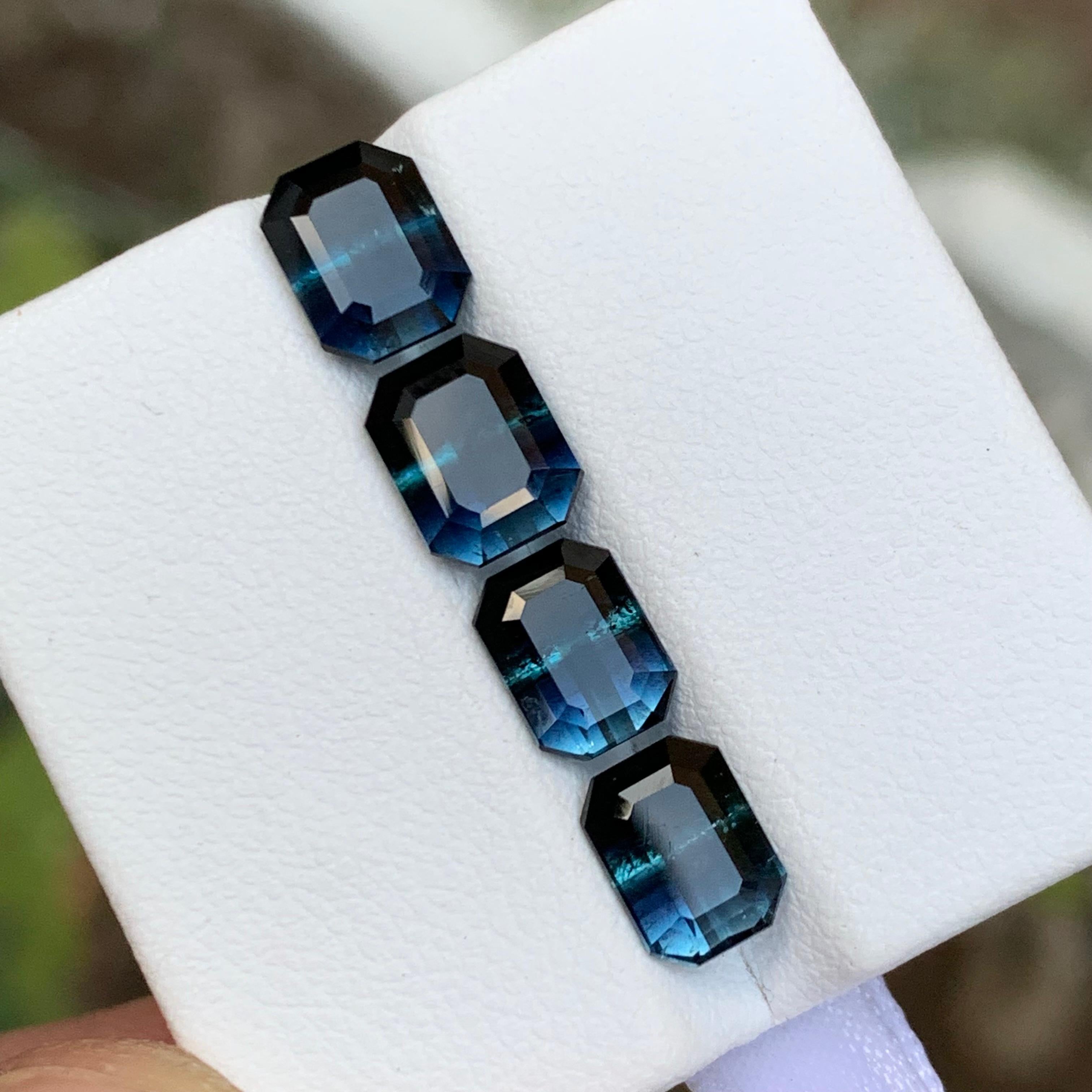 Contemporary Rare Black-Blue Bicolor Tourmaline Gemstone Pairs, 5.85 Ct Emerald Cut-Earrings For Sale