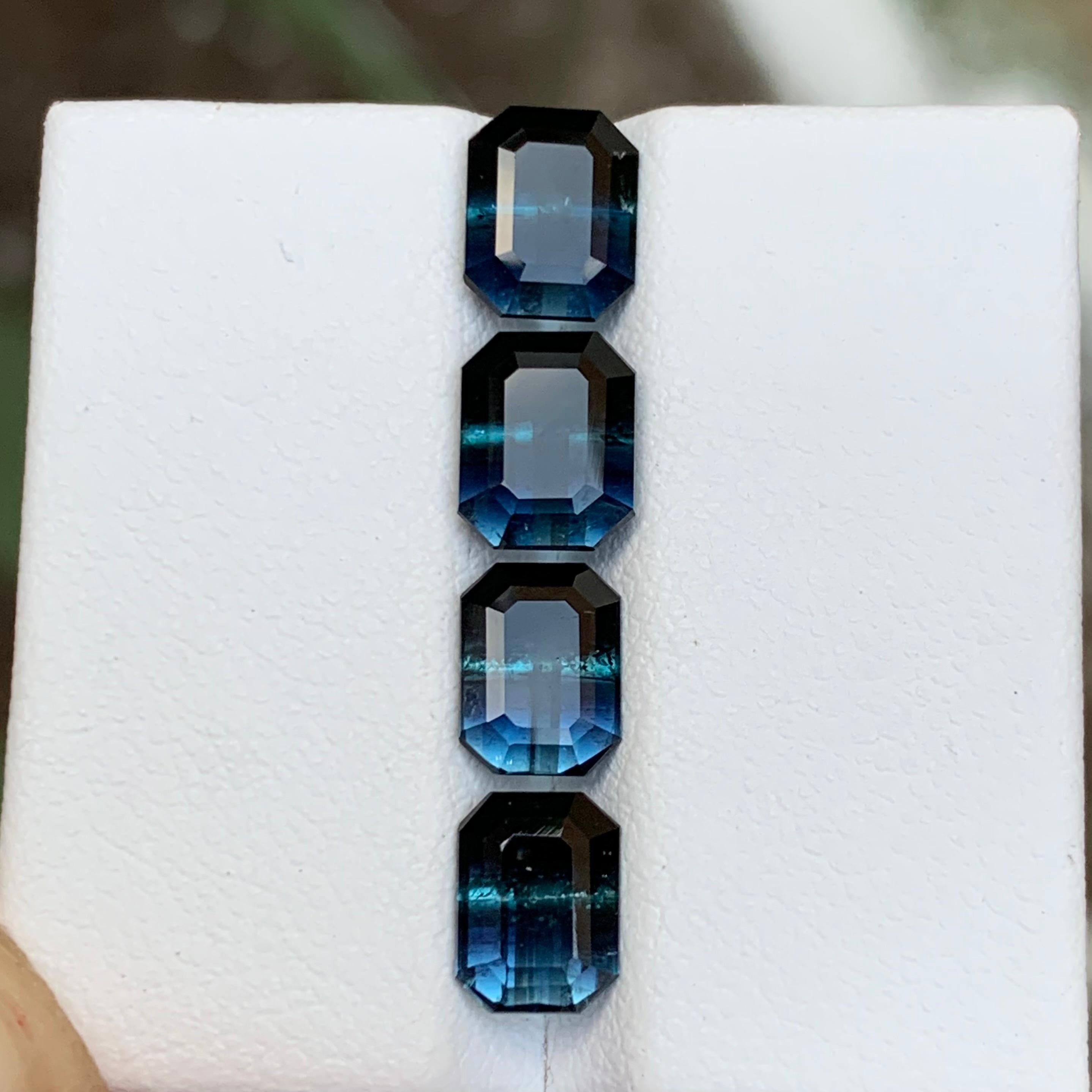 Rare Black-Blue Bicolor Tourmaline Gemstone Pairs, 5.85 Ct Emerald Cut-Earrings In New Condition For Sale In Peshawar, PK