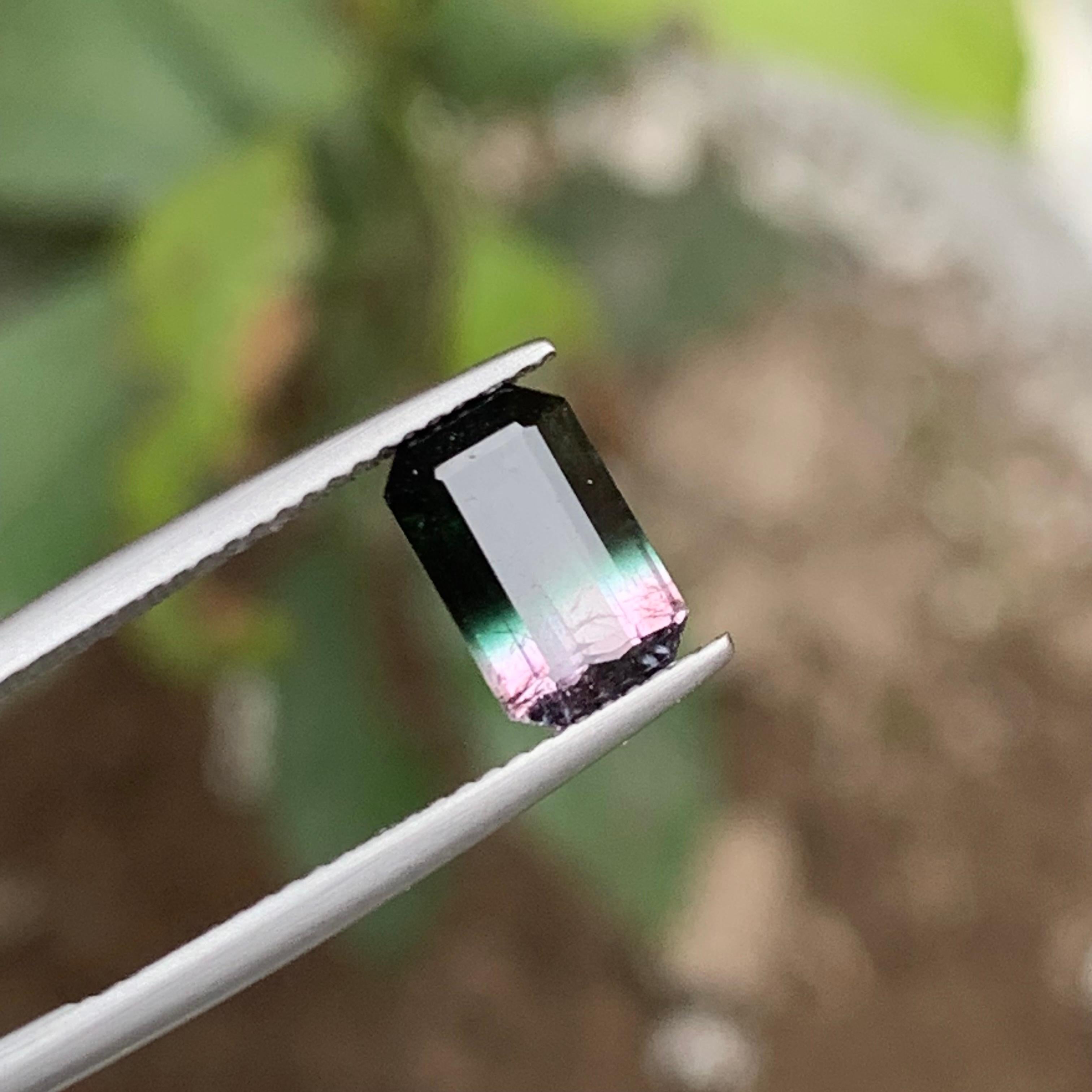 Rare Black, Bluish Green, Pink Tricolor Tourmaline Gemstone, 2.10 Ct Emerald Cut For Sale 6