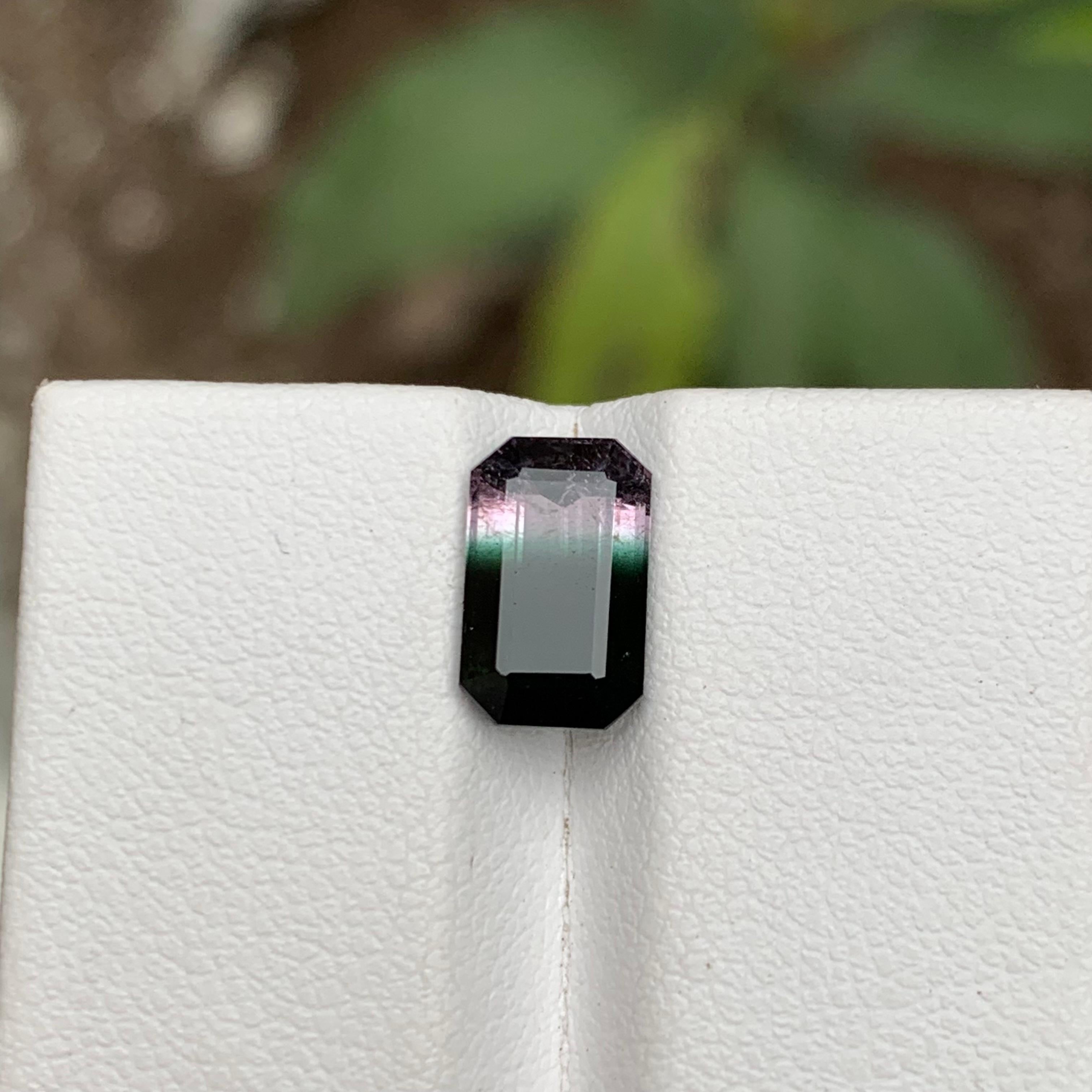 Rare Black, Bluish Green, Pink Tricolor Tourmaline Gemstone, 2.10 Ct Emerald Cut For Sale 8