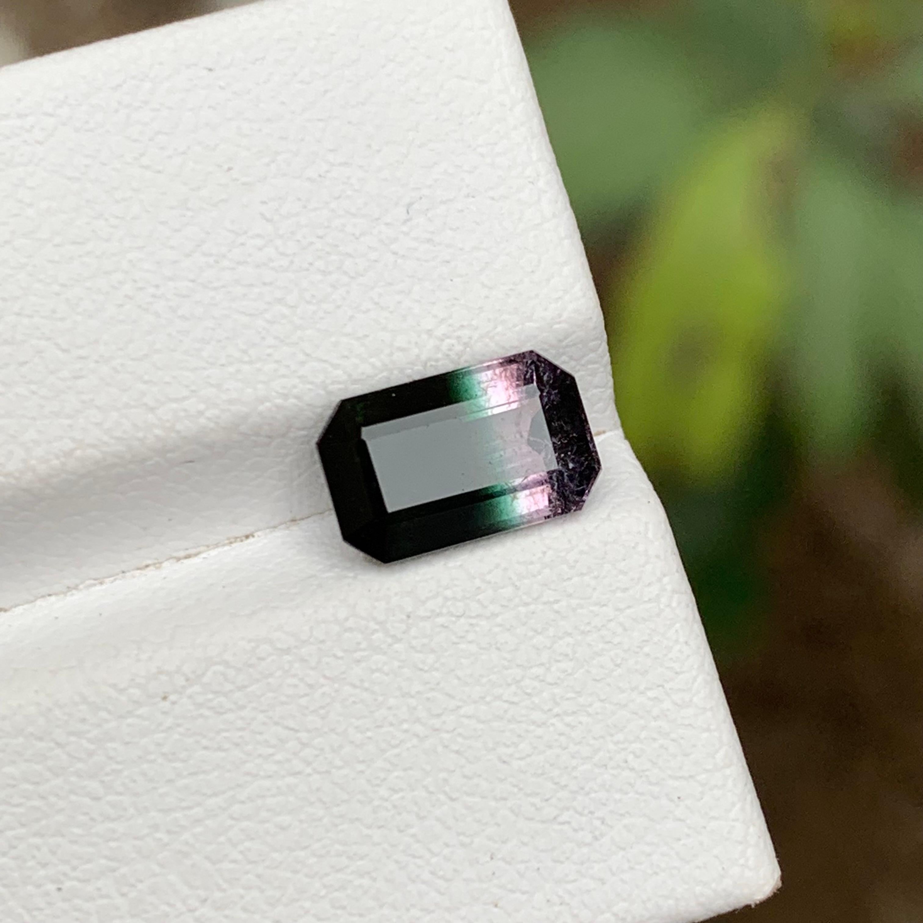 Rare Black, Bluish Green, Pink Tricolor Tourmaline Gemstone, 2.10 Ct Emerald Cut For Sale 3