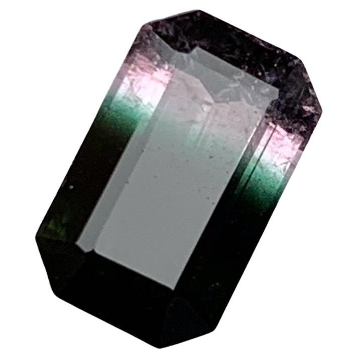 Rare Black, Bluish Green, Pink Tricolor Tourmaline Gemstone, 2.10 Ct Emerald Cut For Sale