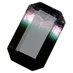 Rare Black, Bluish Green, Pink Tricolor Tourmaline Gemstone, 2.10 Ct Emerald Cut