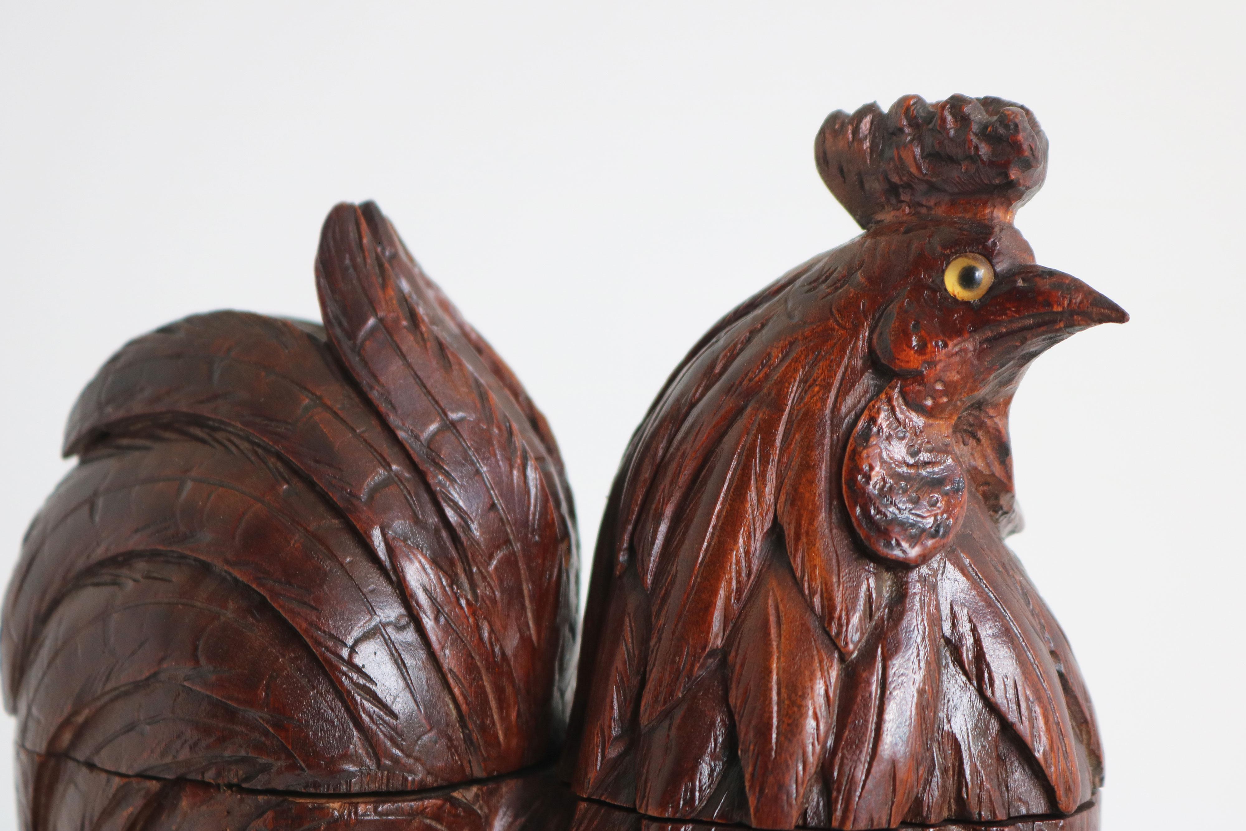 Black Forest Rare black Forest rooster inkwell 19th century Swiss glass eyes hand carved For Sale