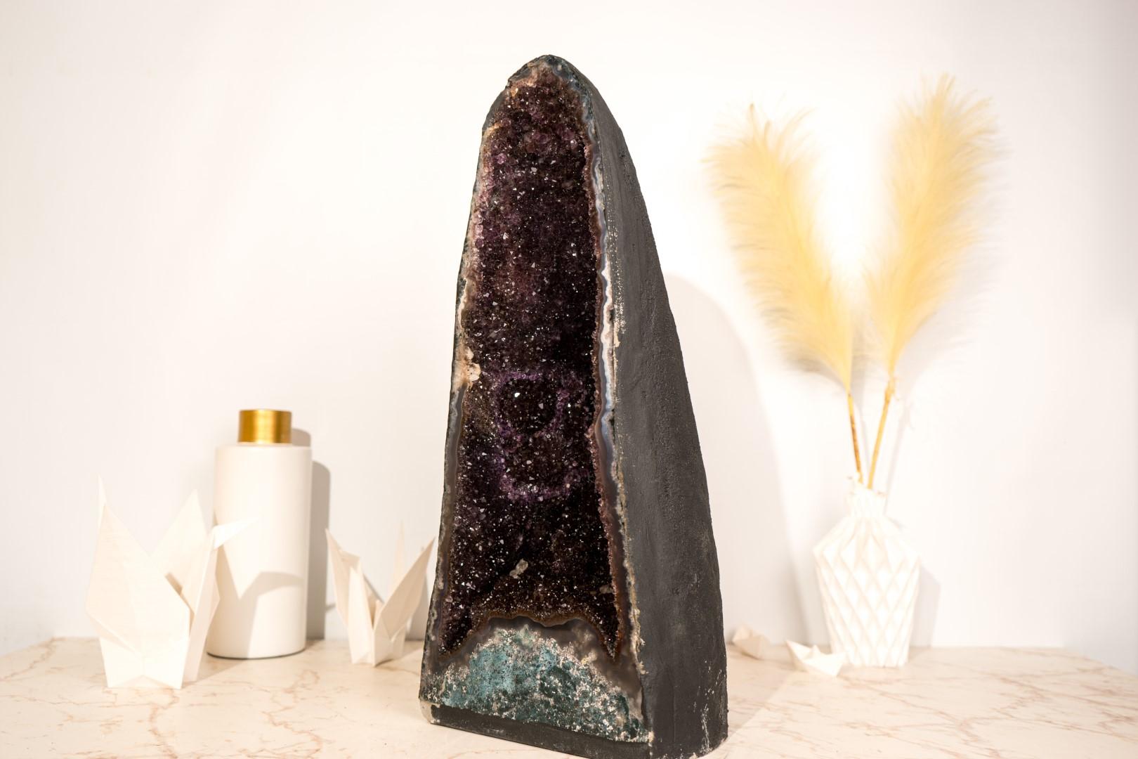 Brazilian Rare Black Galaxy Amethyst Geode with Moss Agate Matrix For Sale
