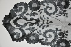 Rare Black Hand-Woven French Lace with Scallop Edges Shawl