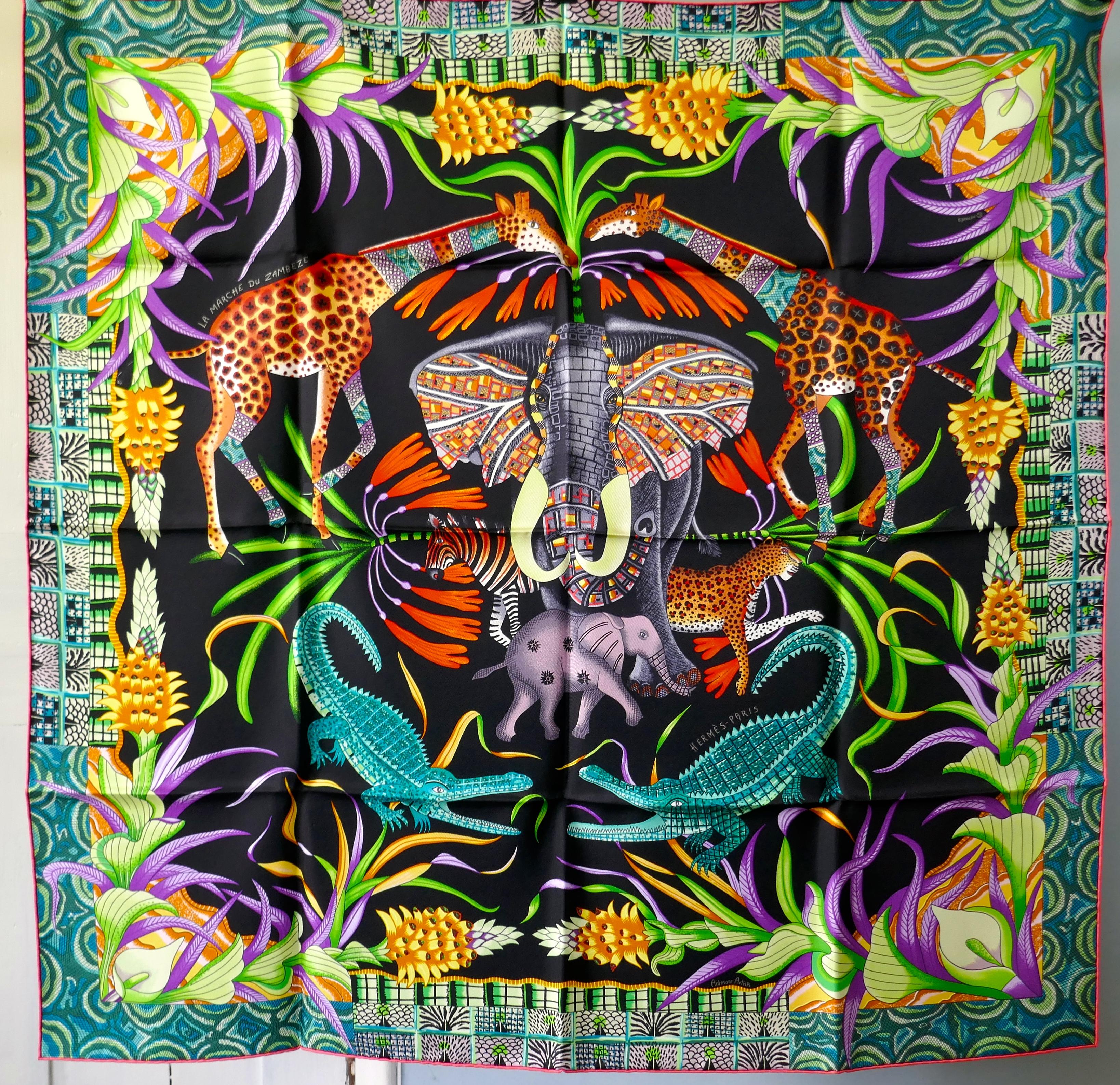Rare Black HERMÈS Ardmore Artists design “La Marche du Zambeze” 100% Silk Scarf, 2016

 Authenticity Guaranteed made in France by Hermes and called La Marche du Zambeze in stunning Black palette, offered here unused with all its tags, plump hand
