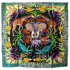 Rare Black HERMÈS Ardmore Artists design “La Marche du Zambeze” 100% Silk Scarf,