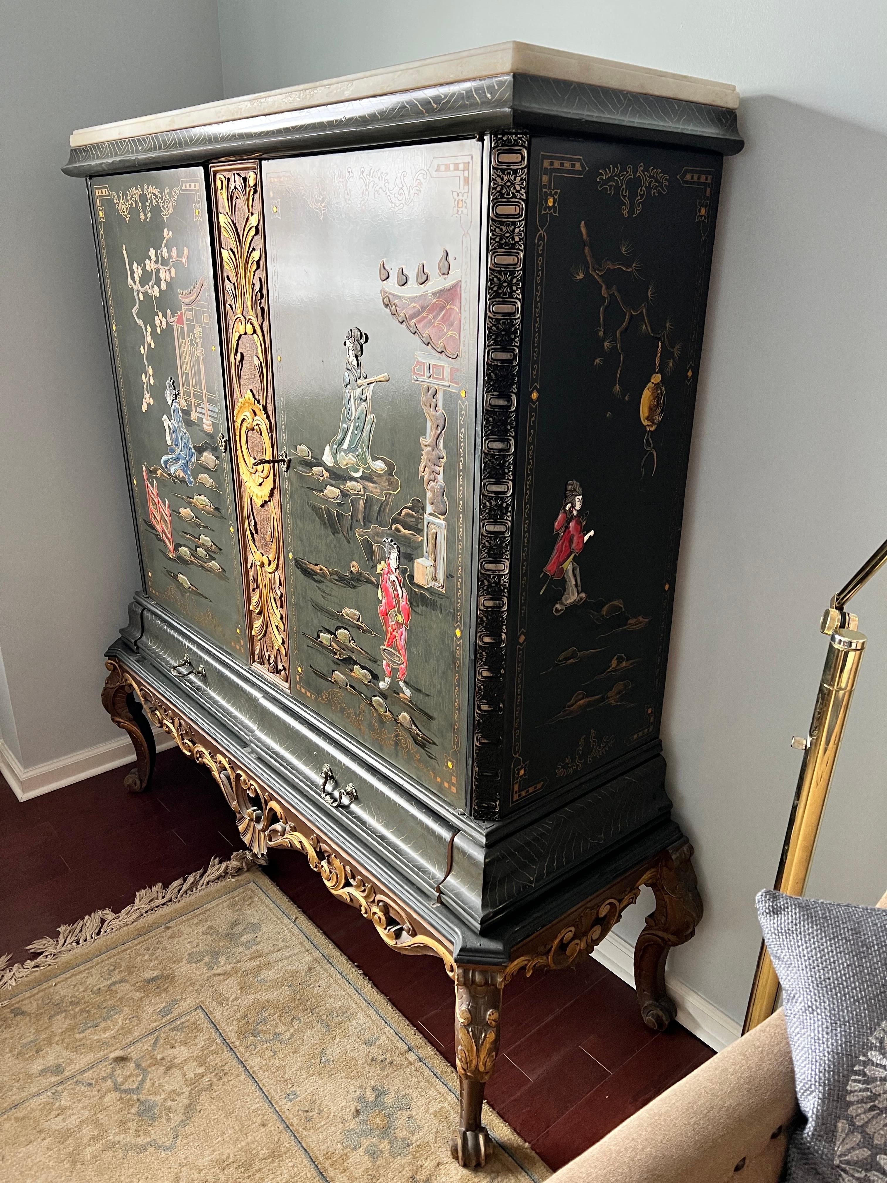Rare Black Lacquer and Carved Giltwood Chinoiserie Marble Top Cabinet Armoire 4