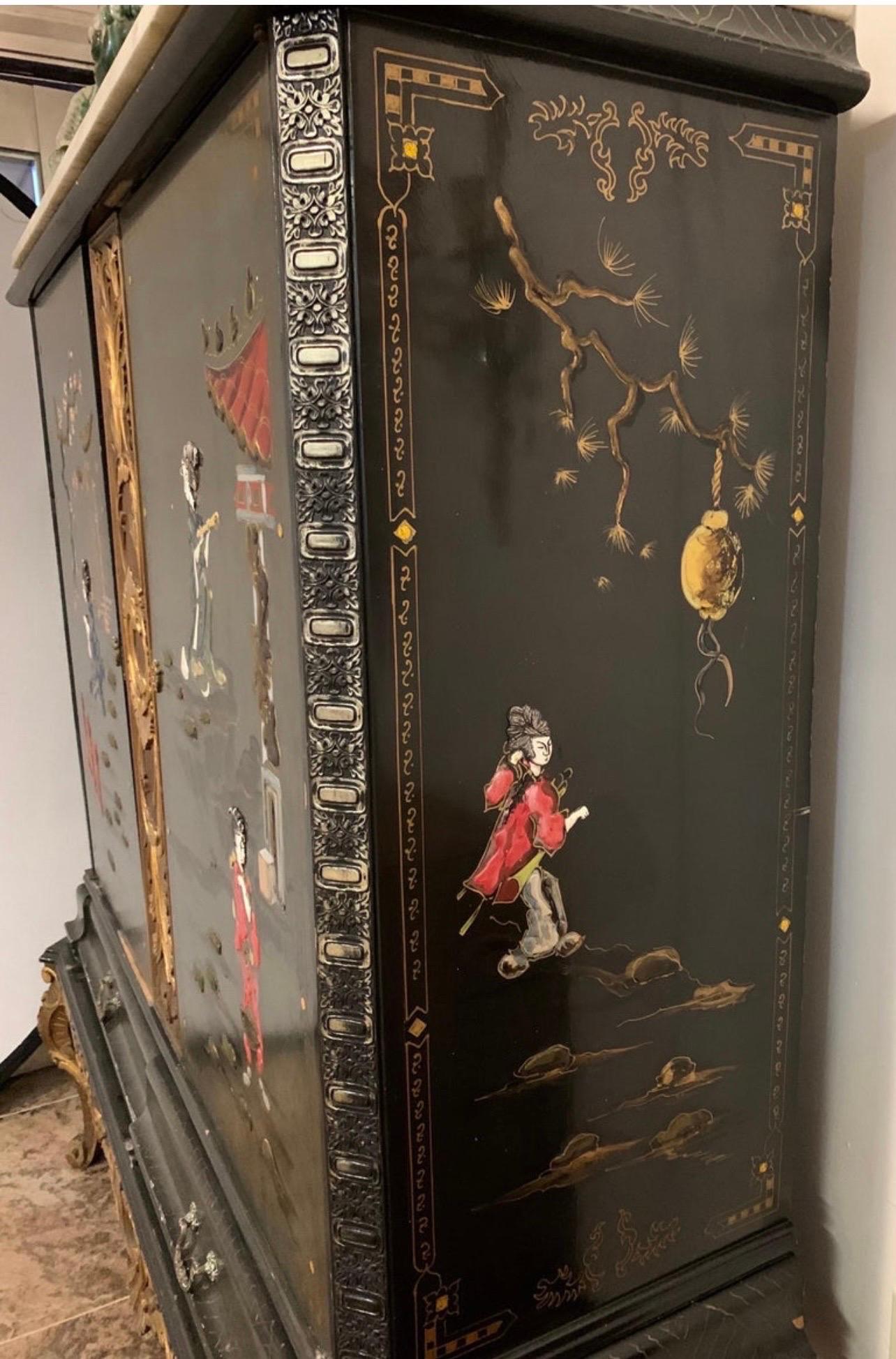 20th Century Rare Black Lacquer and Carved Giltwood Chinoiserie Marble Top Cabinet Armoire