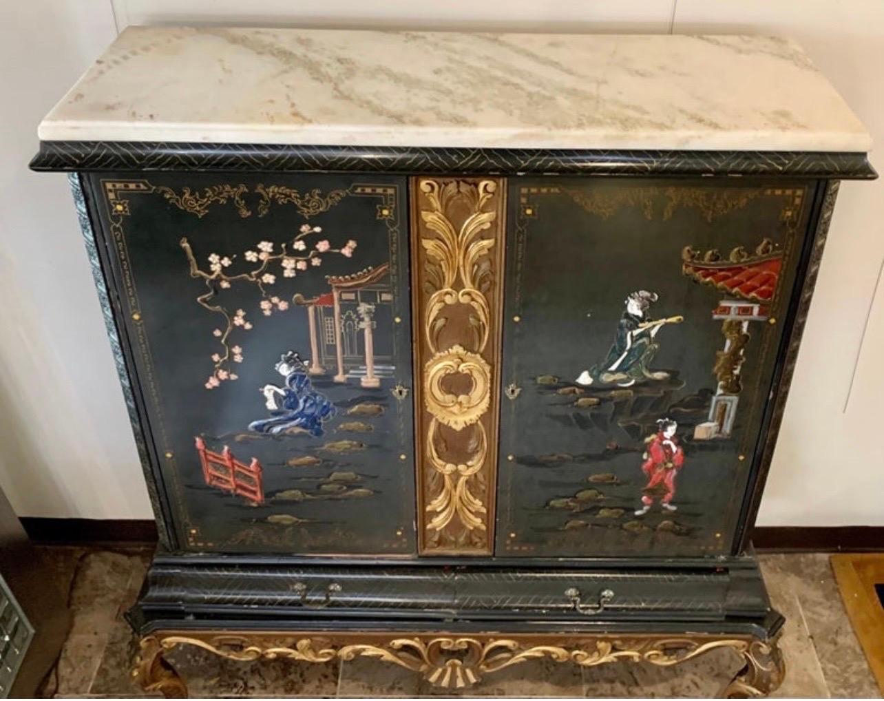Rare Black Lacquer and Carved Giltwood Chinoiserie Marble Top Cabinet Armoire 2