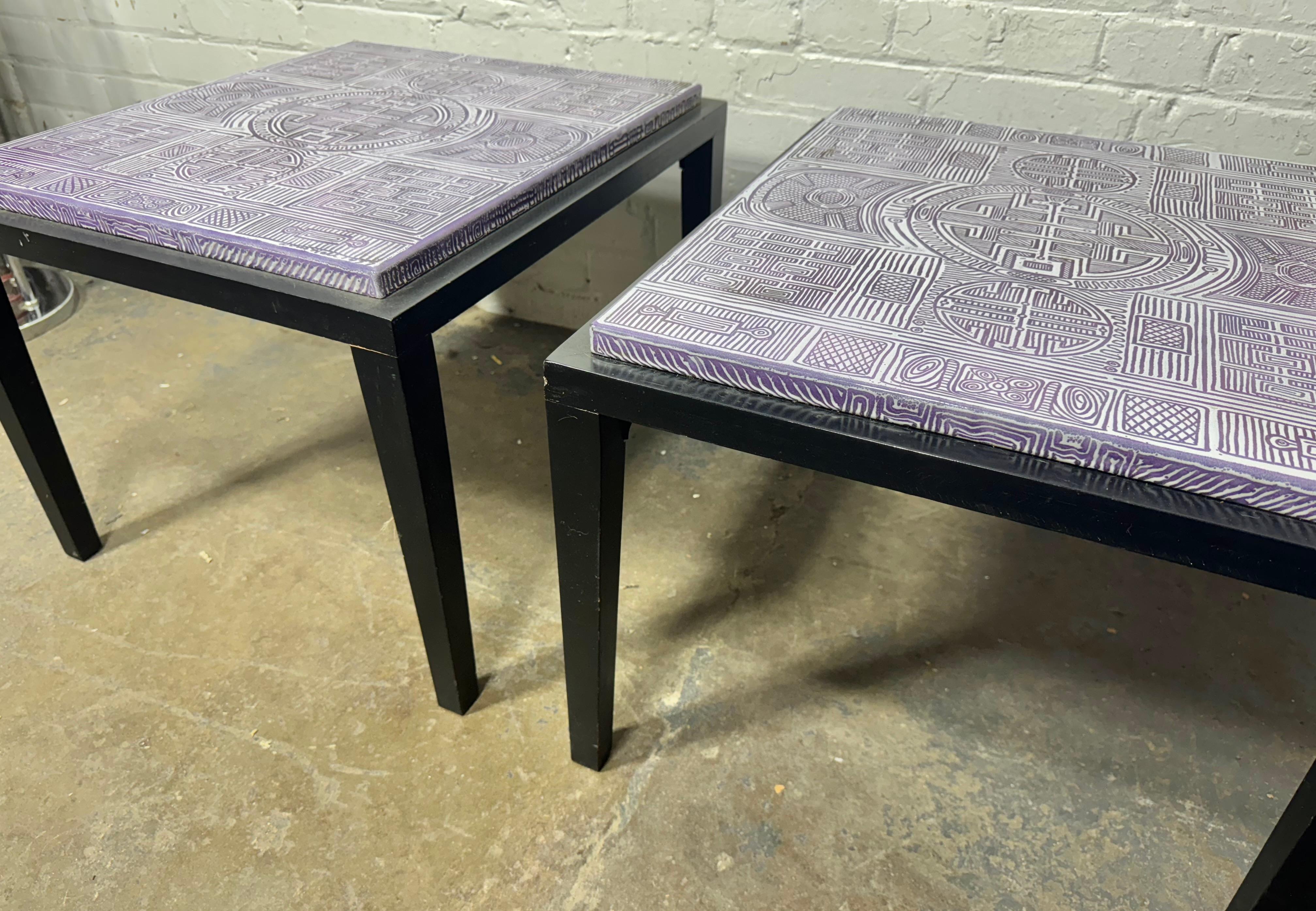 Mid-Century Modern Rare Black Lacquer and Enamel top tables by Doris Hall / Modern Abstract design For Sale