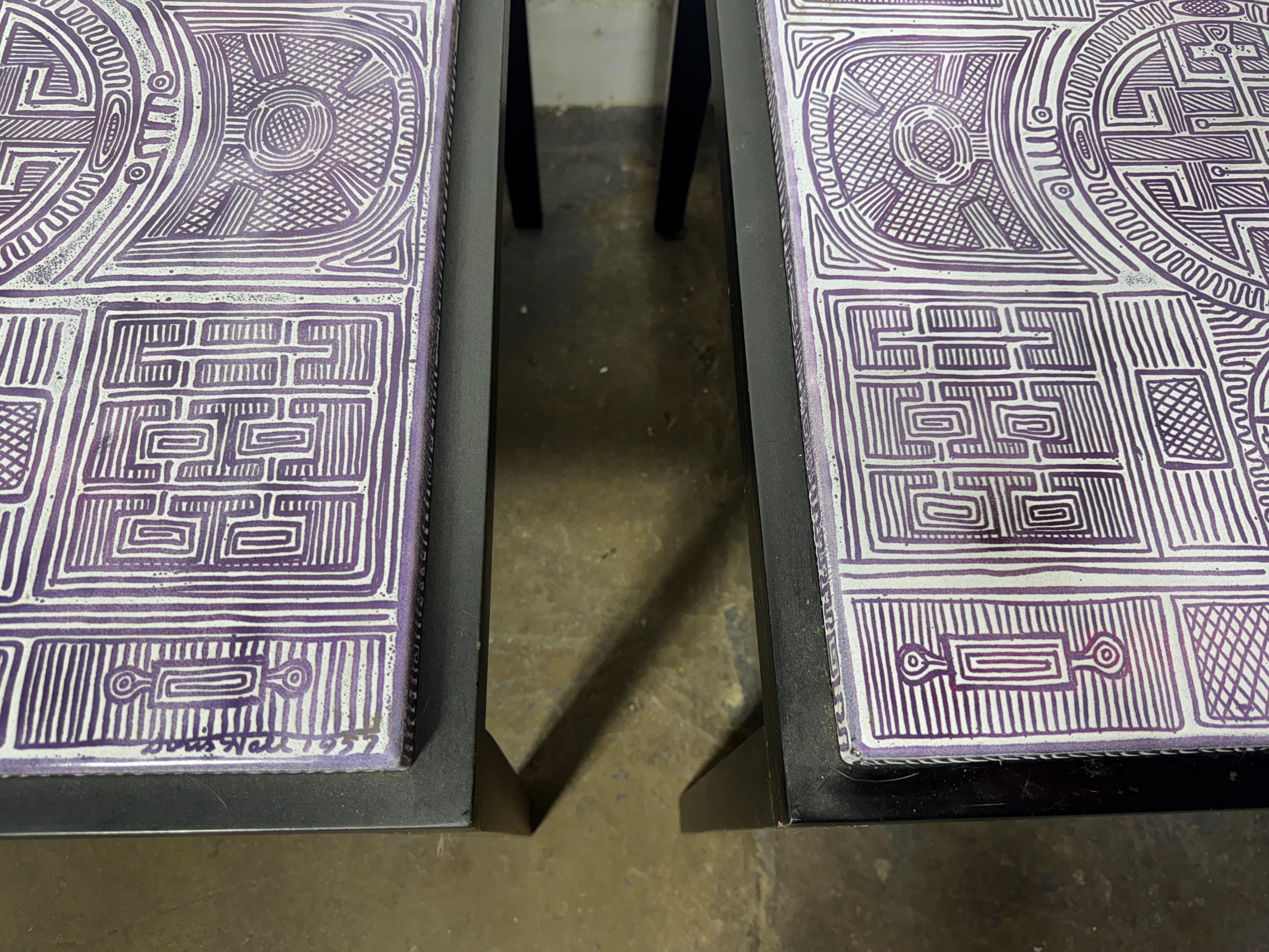 Hand-Crafted Rare Black Lacquer and Enamel top tables by Doris Hall / Modern Abstract design For Sale