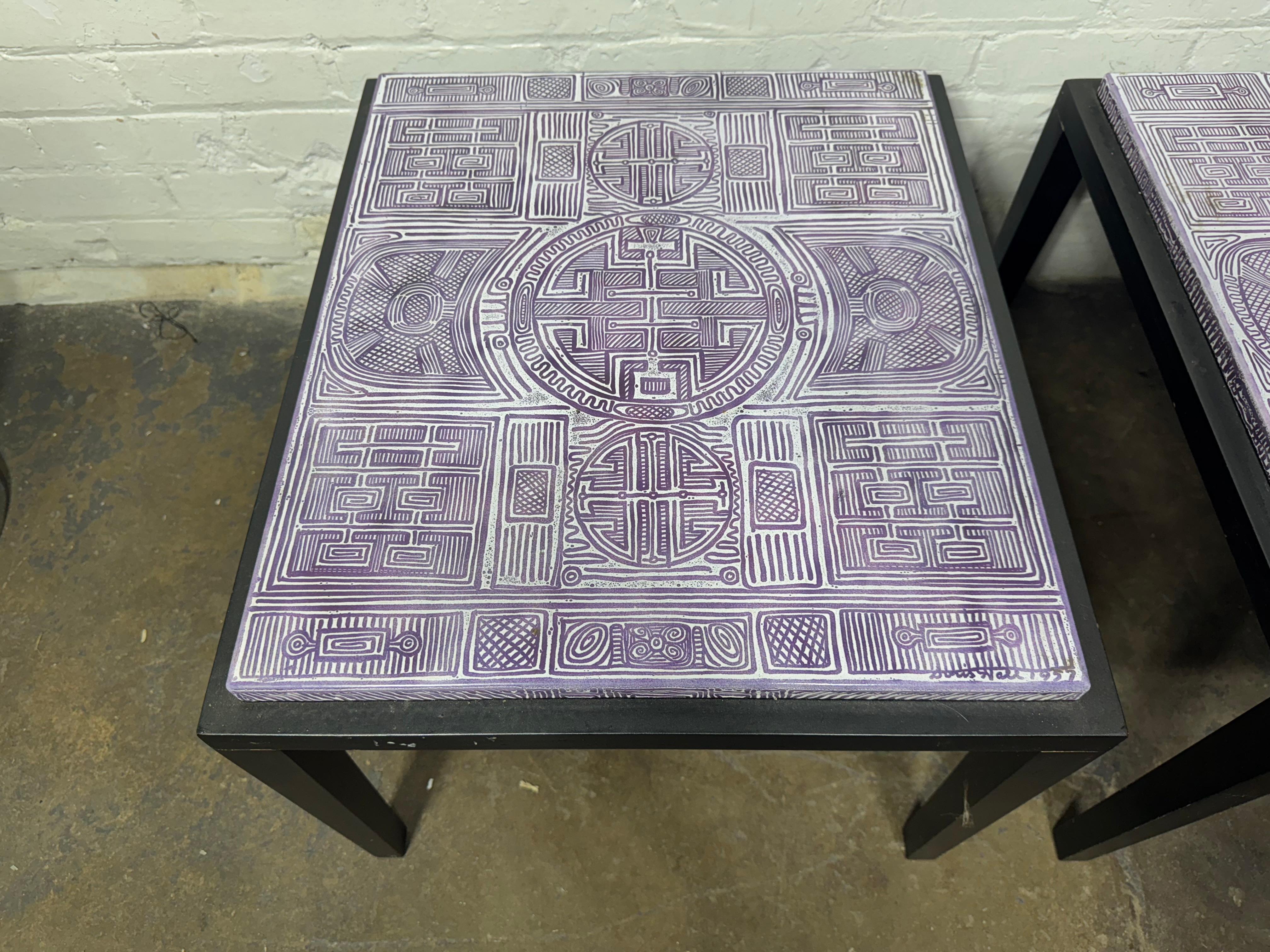 Rare Black Lacquer and Enamel top tables by Doris Hall / Modern Abstract design In Good Condition For Sale In Buffalo, NY