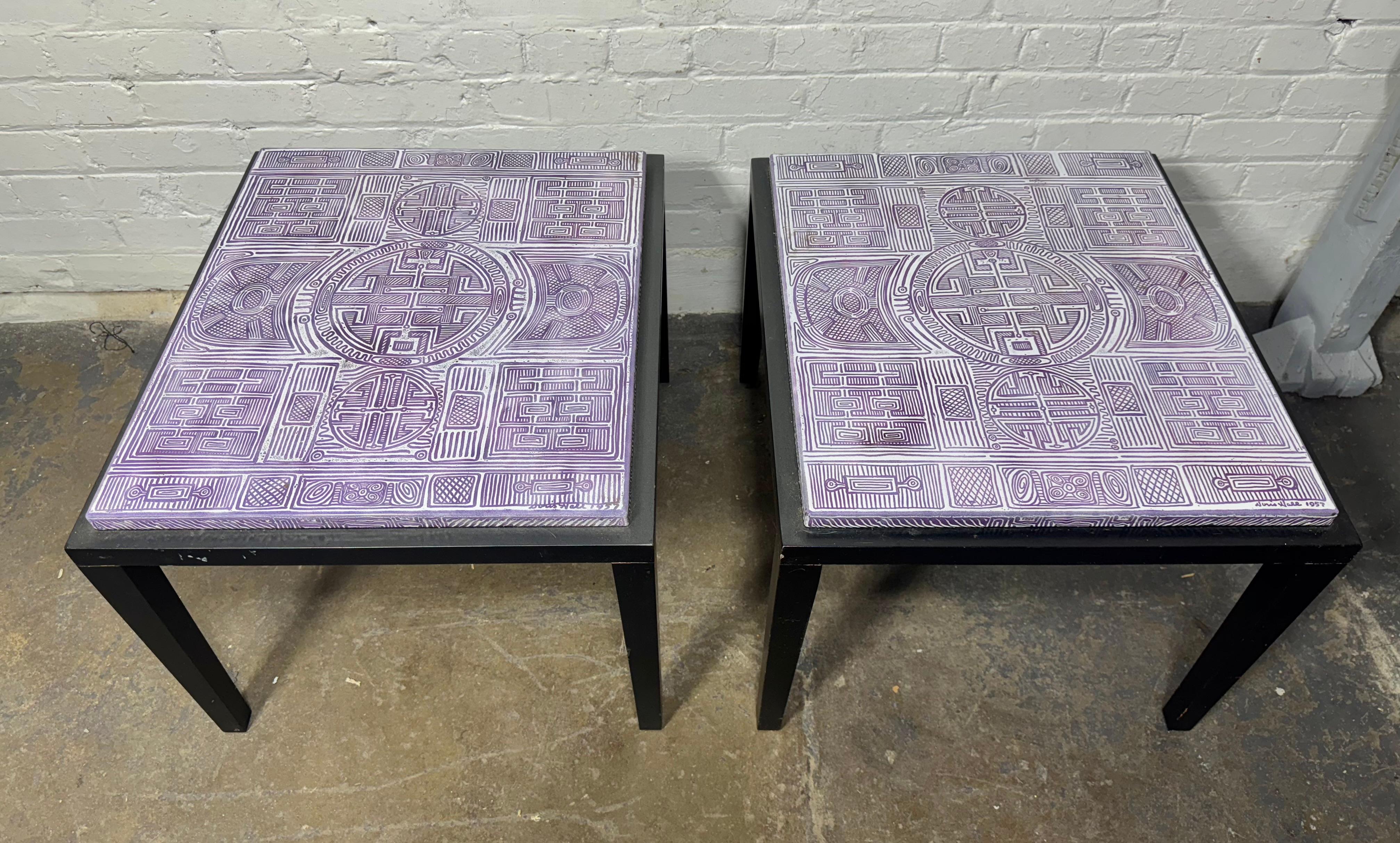 Mid-20th Century Rare Black Lacquer and Enamel top tables by Doris Hall / Modern Abstract design For Sale