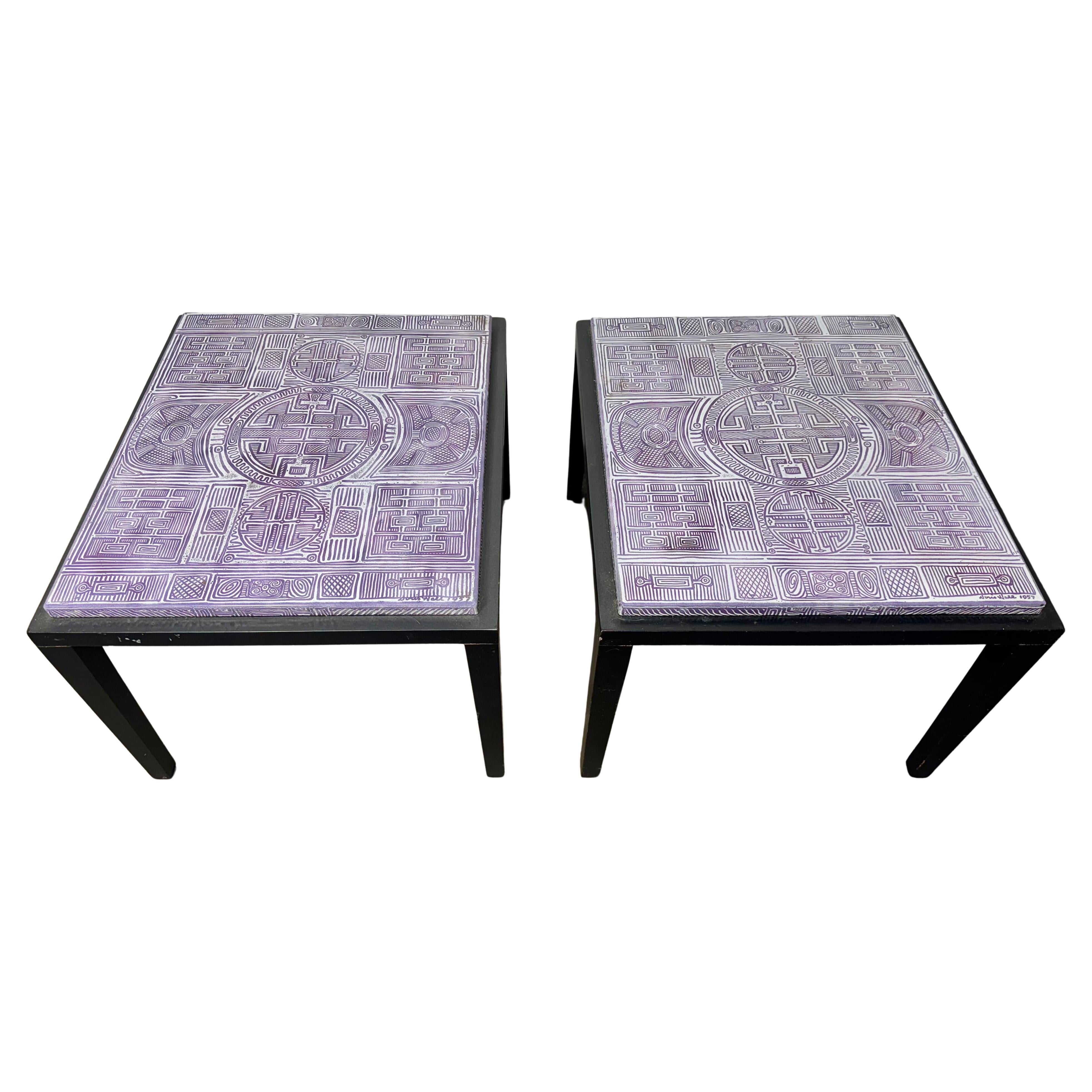 Rare Black Lacquer and Enamel top tables by Doris Hall / Modern Abstract design For Sale