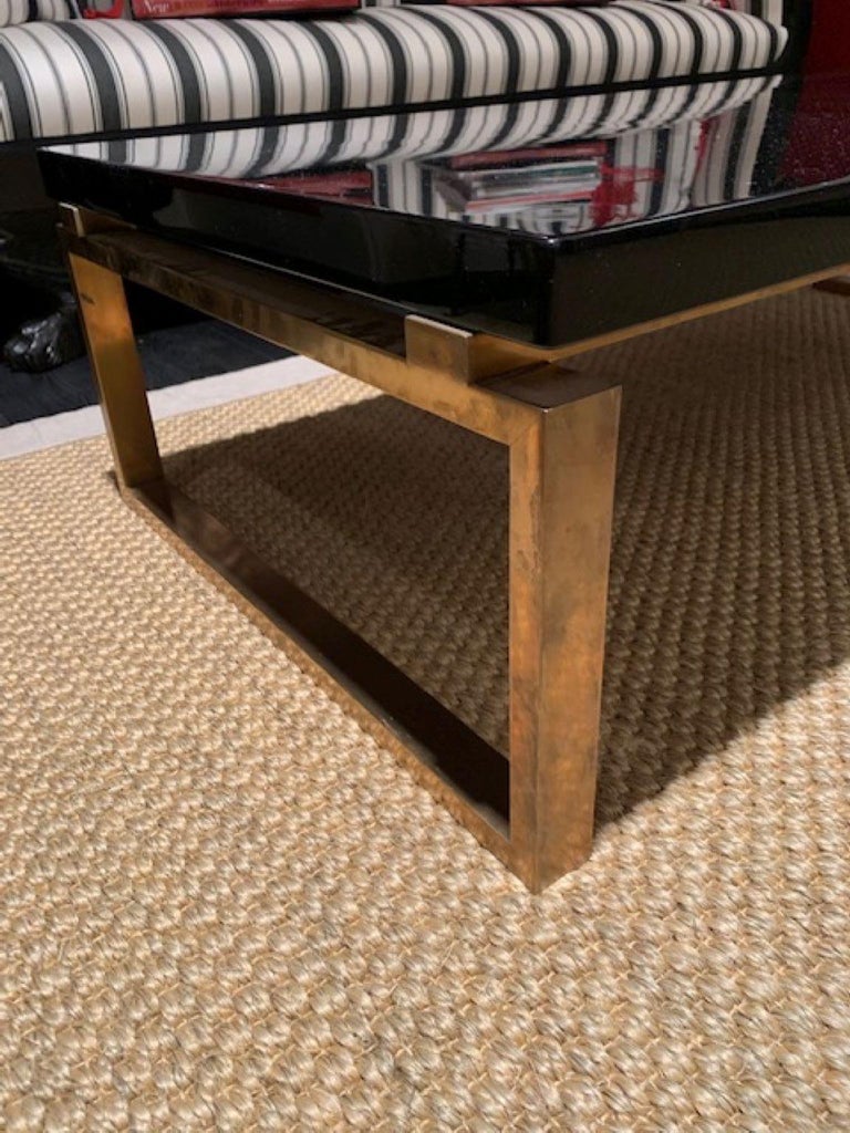 Rare Black Lacquer Top Coffee Table on Brass Base, Stamped "Maison