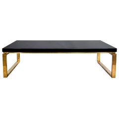 Rare Black Lacquer Top Coffee Table on Brass Base, Stamped "Maison Charles"