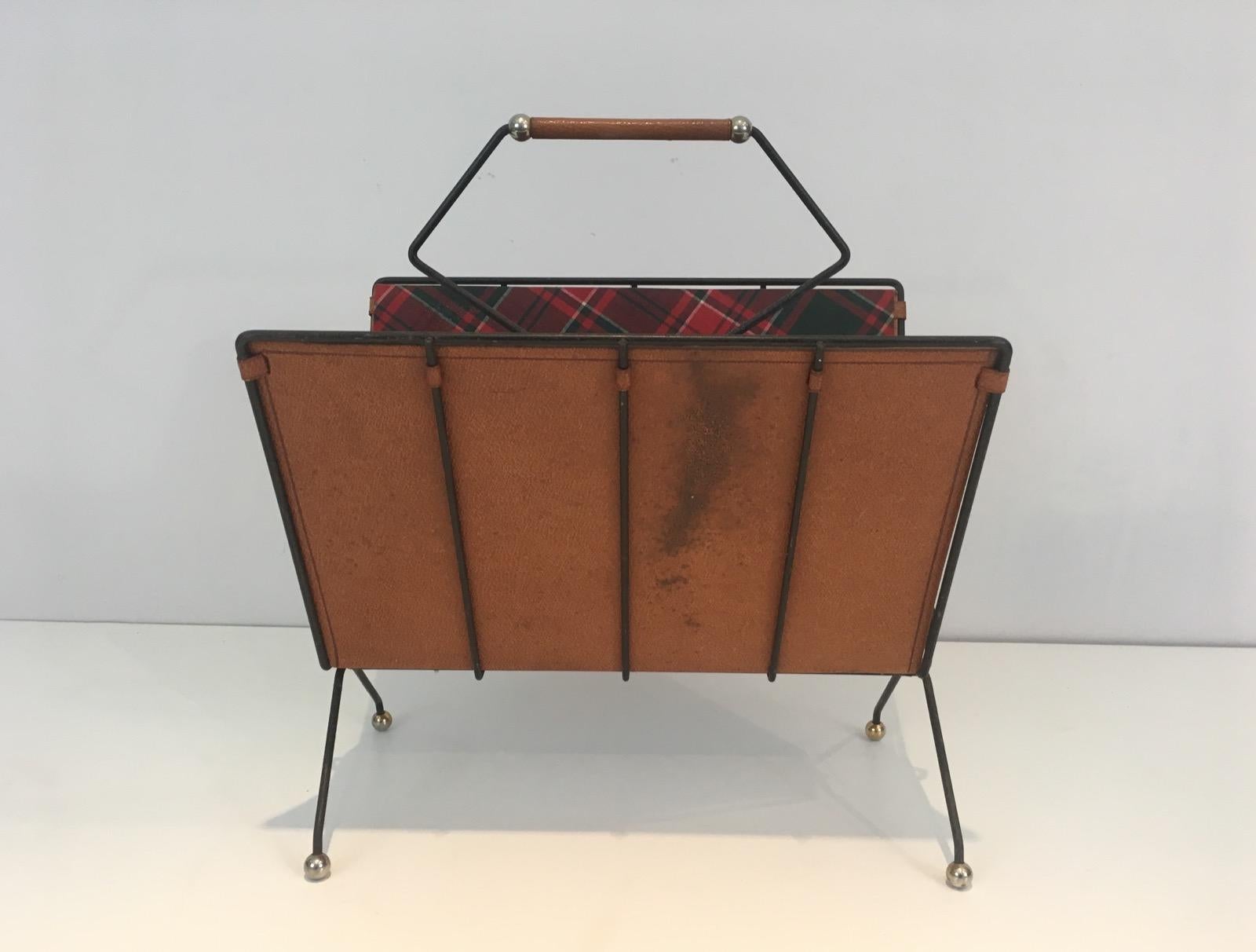 Rare Black Lacquered Metal, Leather and Plaid Fabric Magazine Rack For Sale 2