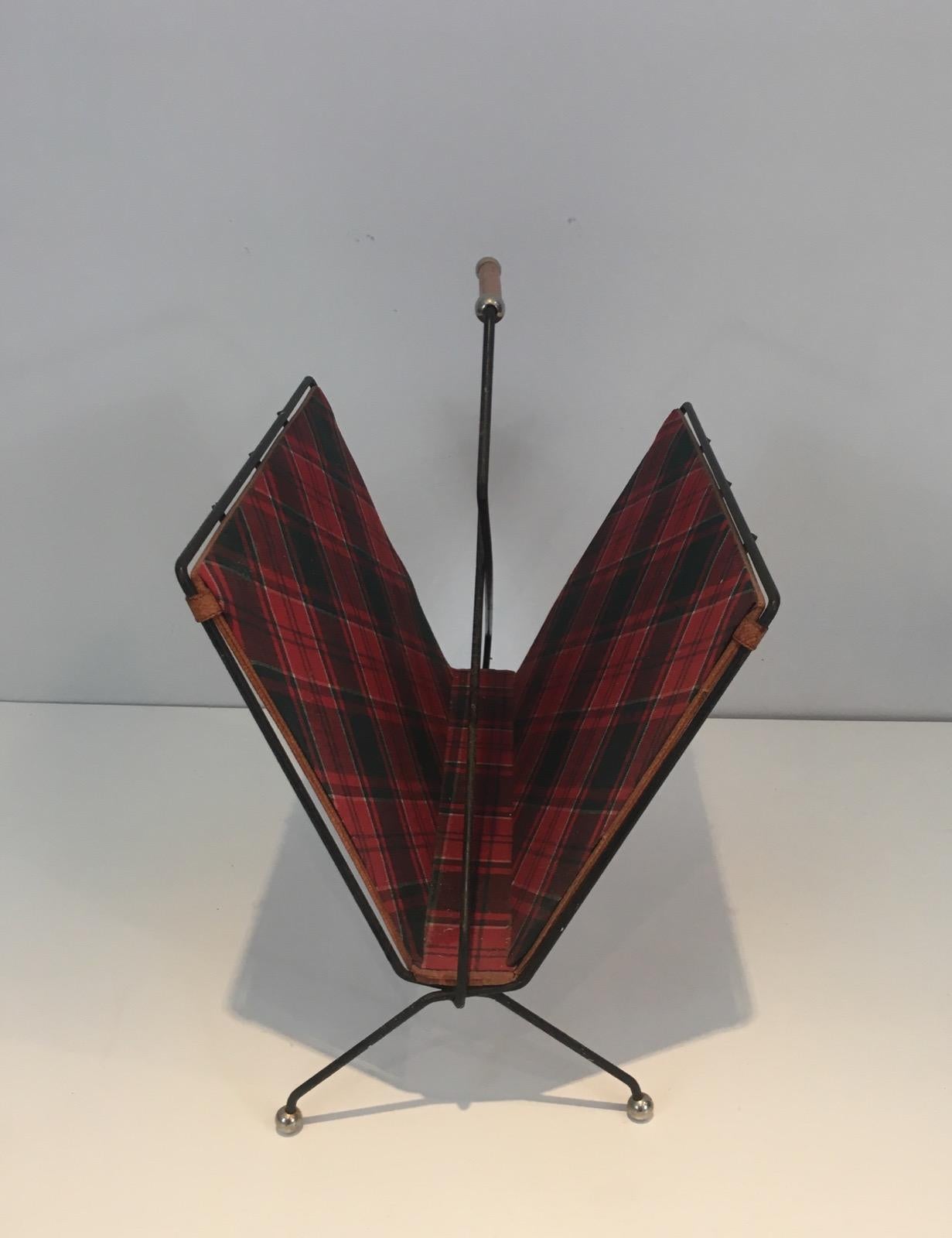 Rare Black Lacquered Metal, Leather and Plaid Fabric Magazine Rack For Sale 3