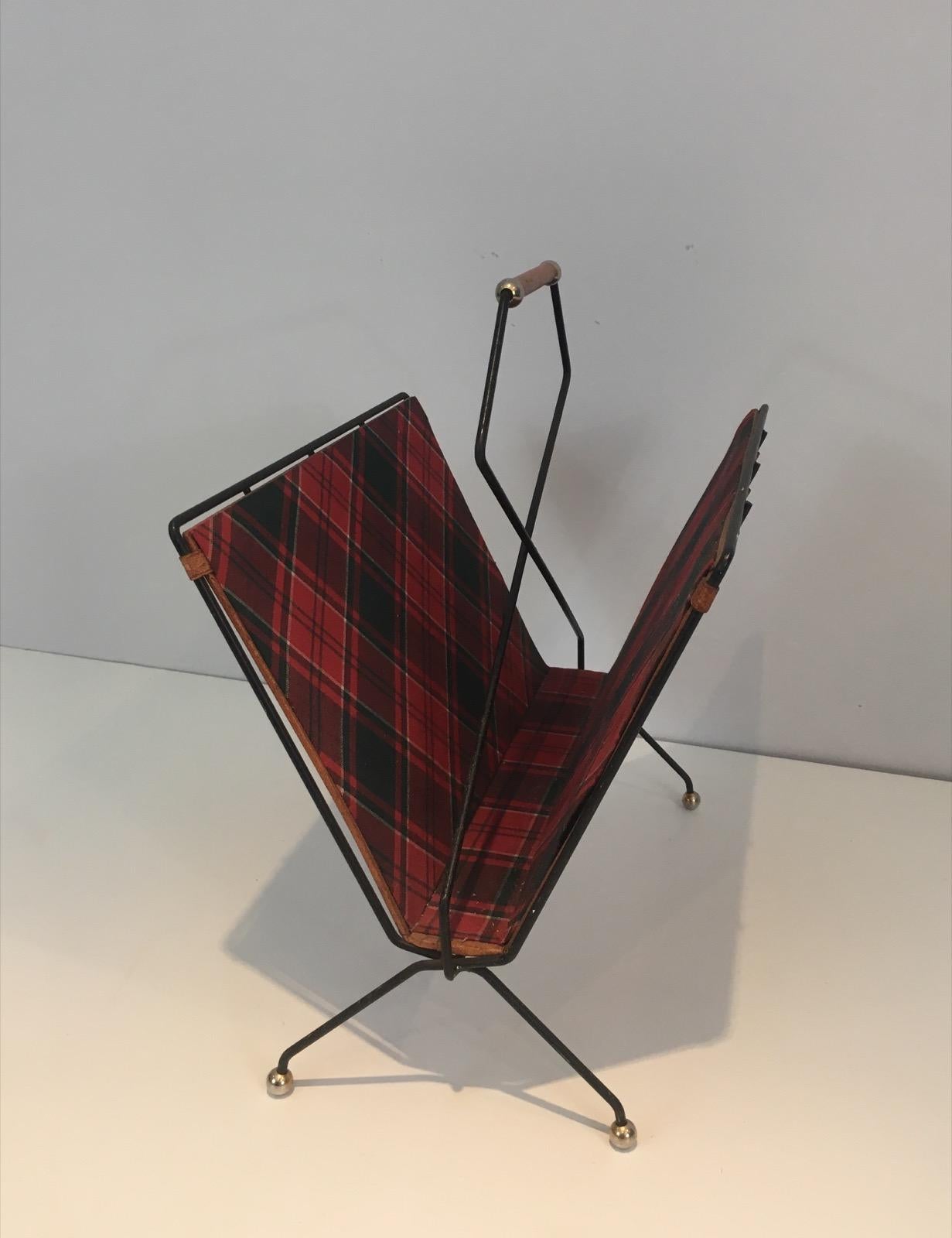 Rare Black Lacquered Metal, Leather and Plaid Fabric Magazine Rack For Sale 4