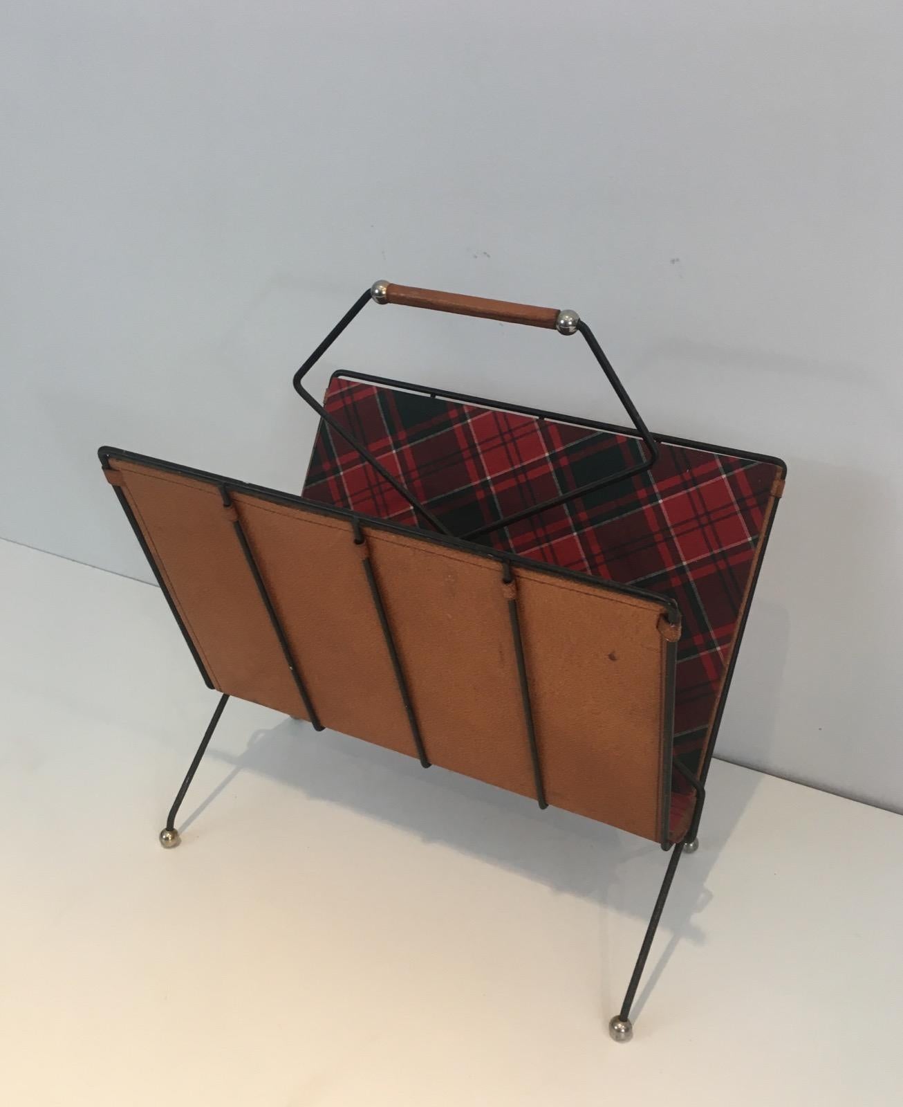 Rare Black Lacquered Metal, Leather and Plaid Fabric Magazine Rack For Sale 5