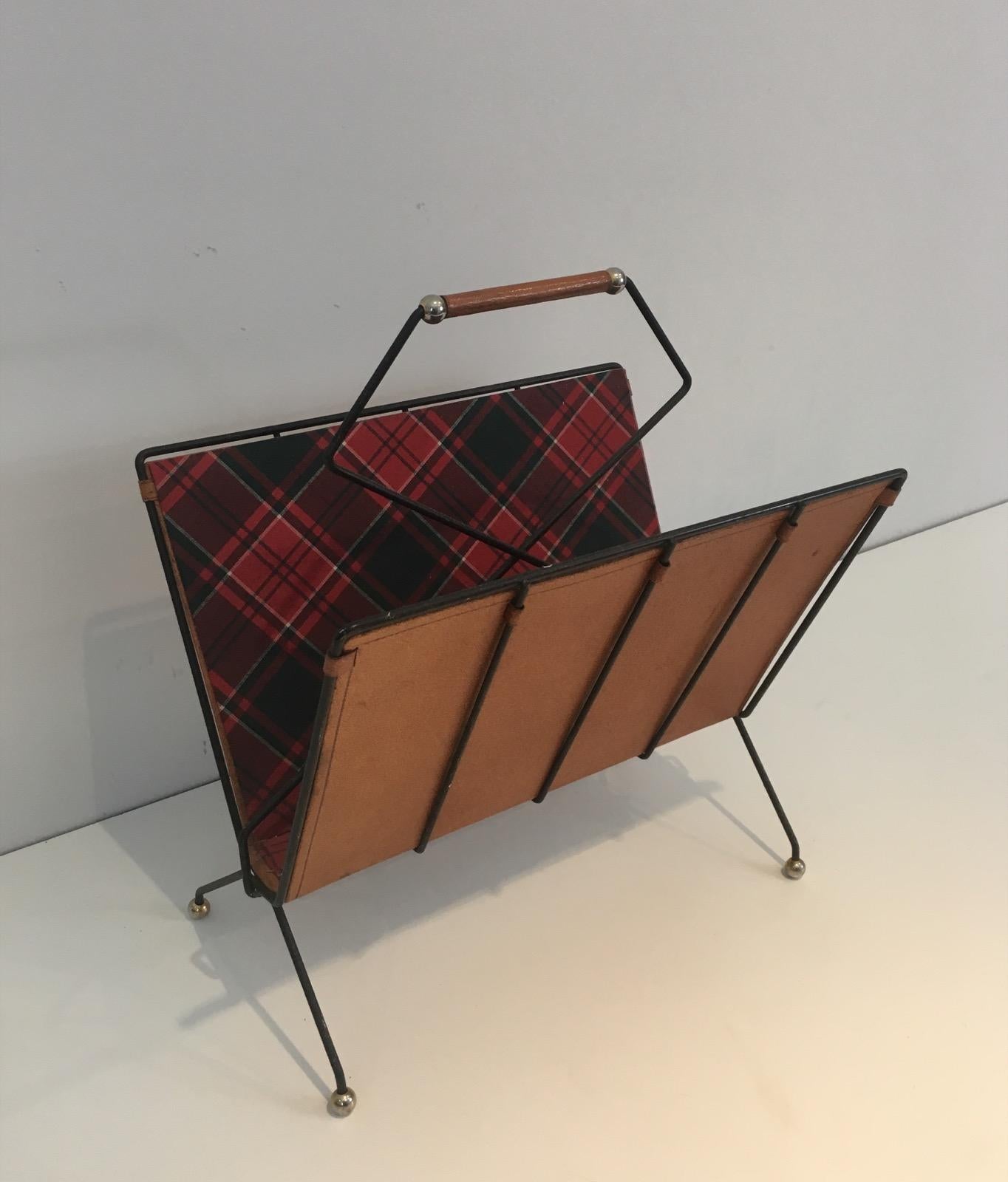 Rare Black Lacquered Metal, Leather and Plaid Fabric Magazine Rack For Sale 6