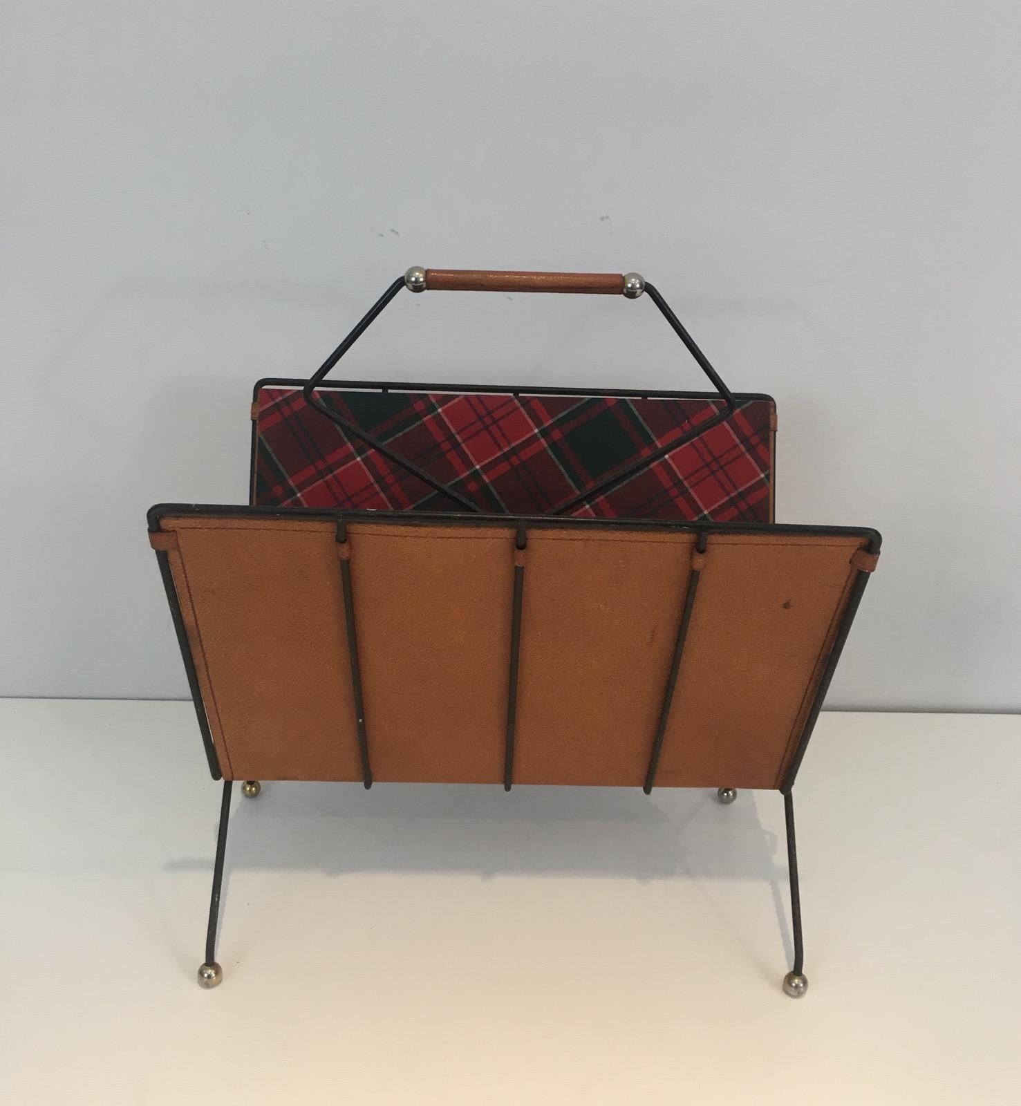 Rare Black Lacquered Metal, Leather and Plaid Fabric Magazine Rack For Sale 7
