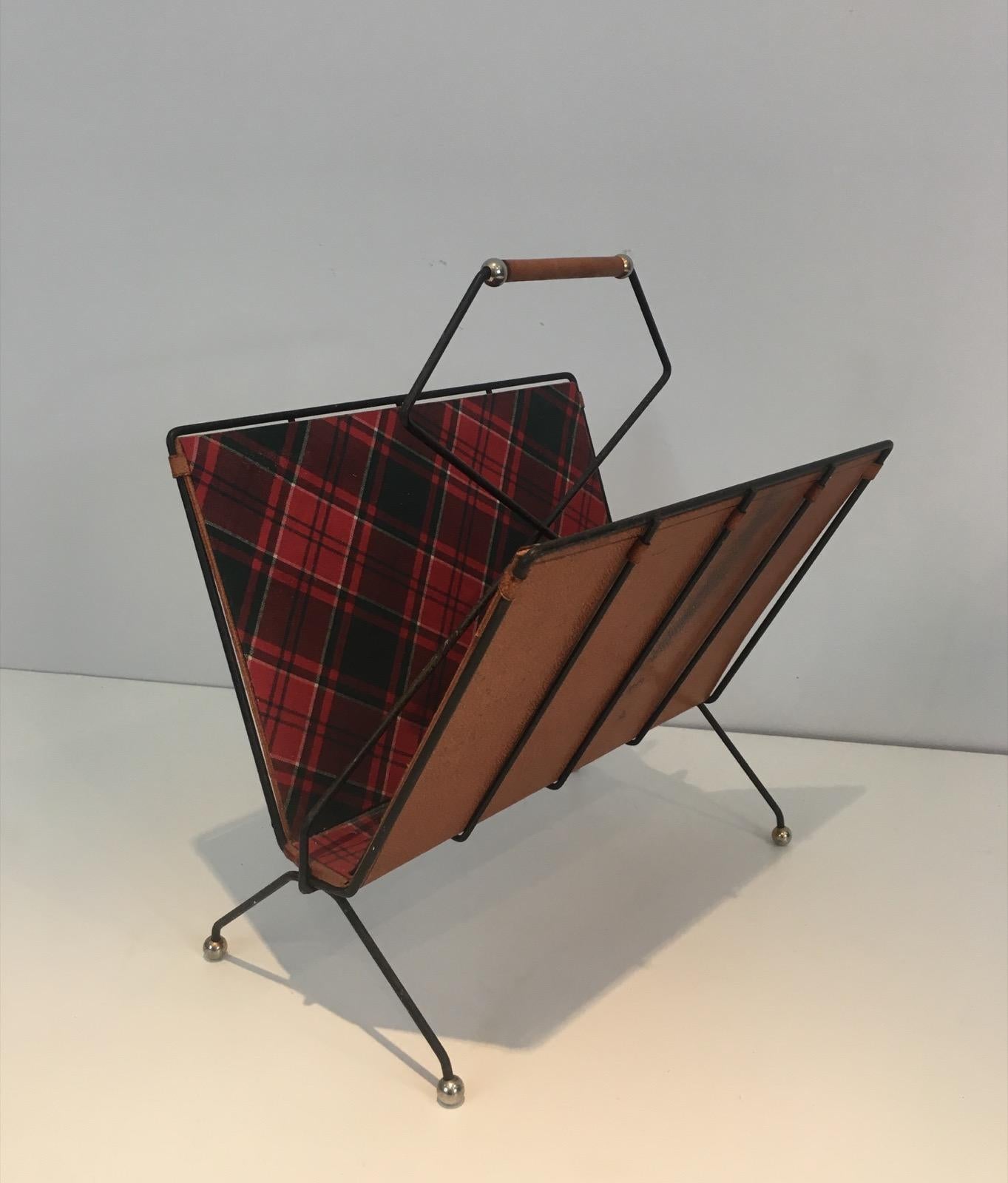 Rare Black Lacquered Metal, Leather and Plaid Fabric Magazine Rack For Sale 8